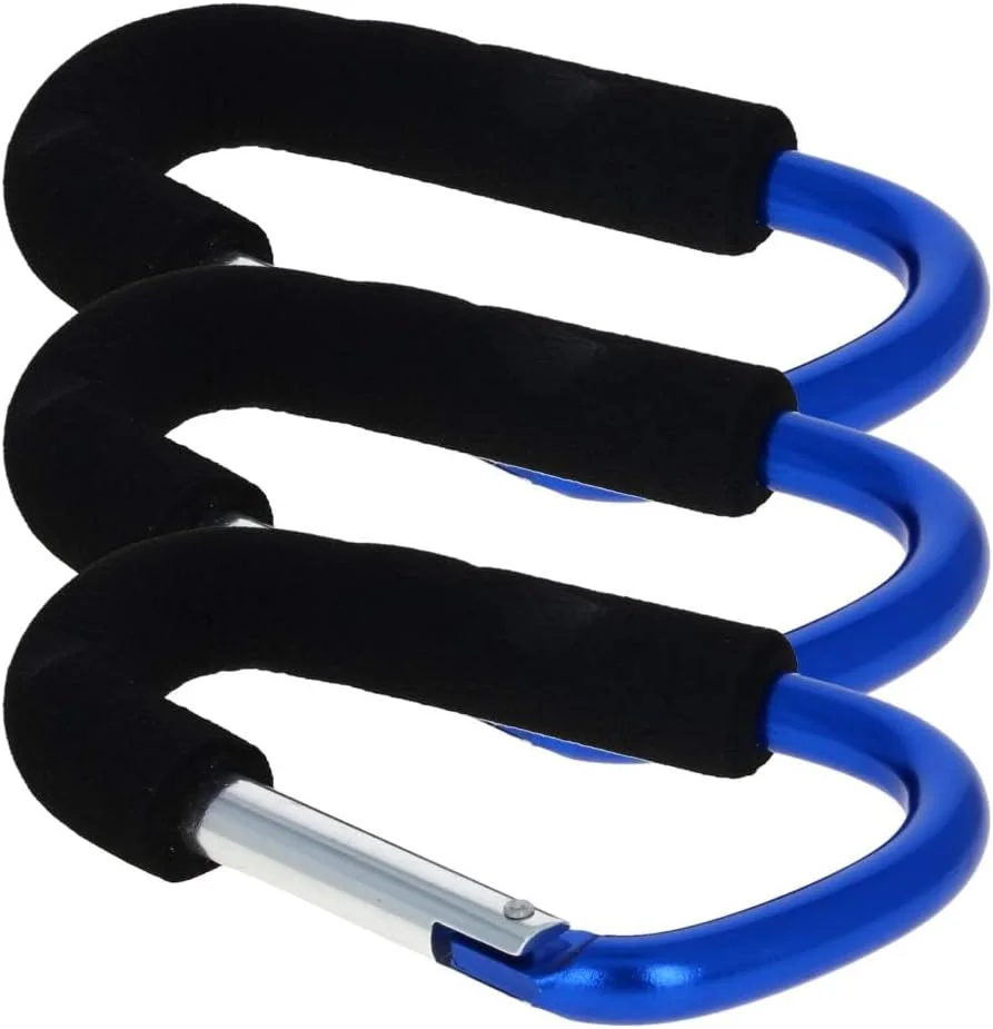 Aicosineg گیره قلاب دار 3 عددی 140x80 میلی متر دسته حمل کیف خرید نوع D بزرگ کارابین با اسفنج برای کالسکه کودک آویز کالسکه گیره چرخ دستی نگهدارنده گیره مامان حداکثر بار 3 کیلوگرم آبی