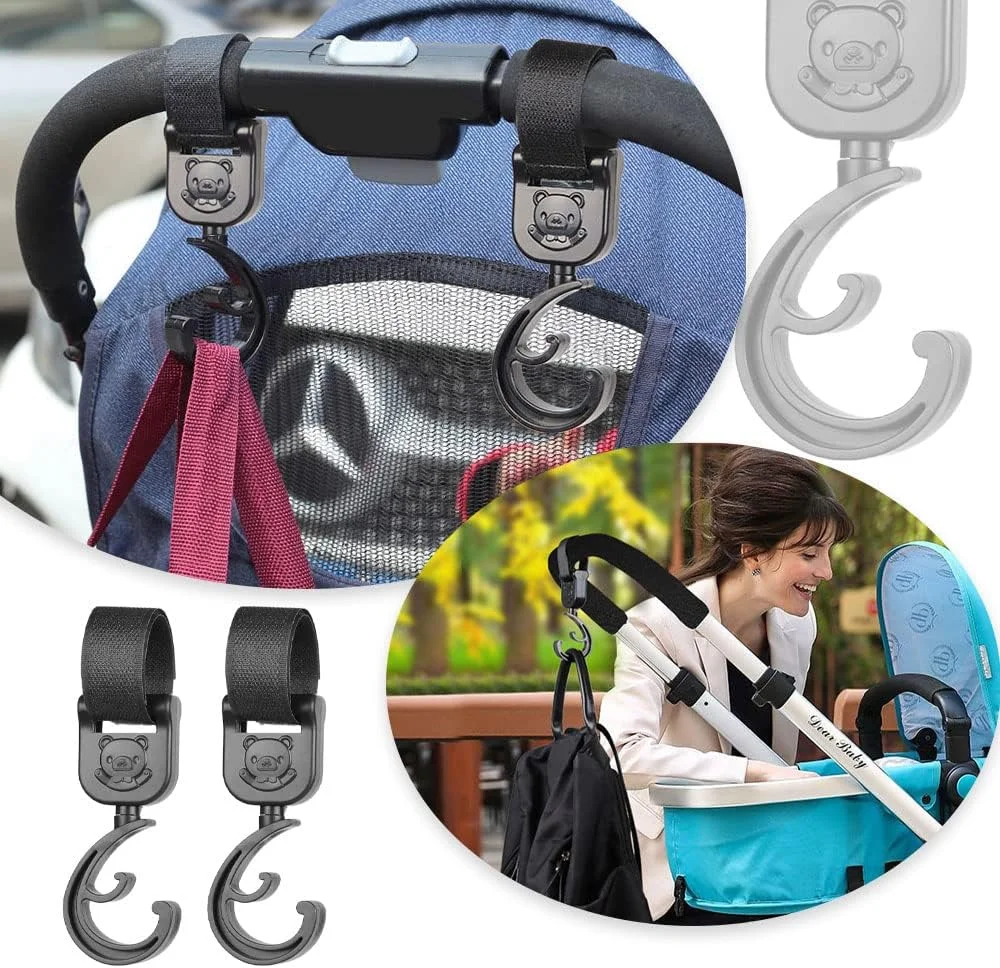 ست ۴ عددی قلاب کالسکه برای آویزان کردن کیف لوازم کودک، قلاب های چرخشی ۳۶۰ درجه چند منظوره برای کیف خرید و کیف دستی