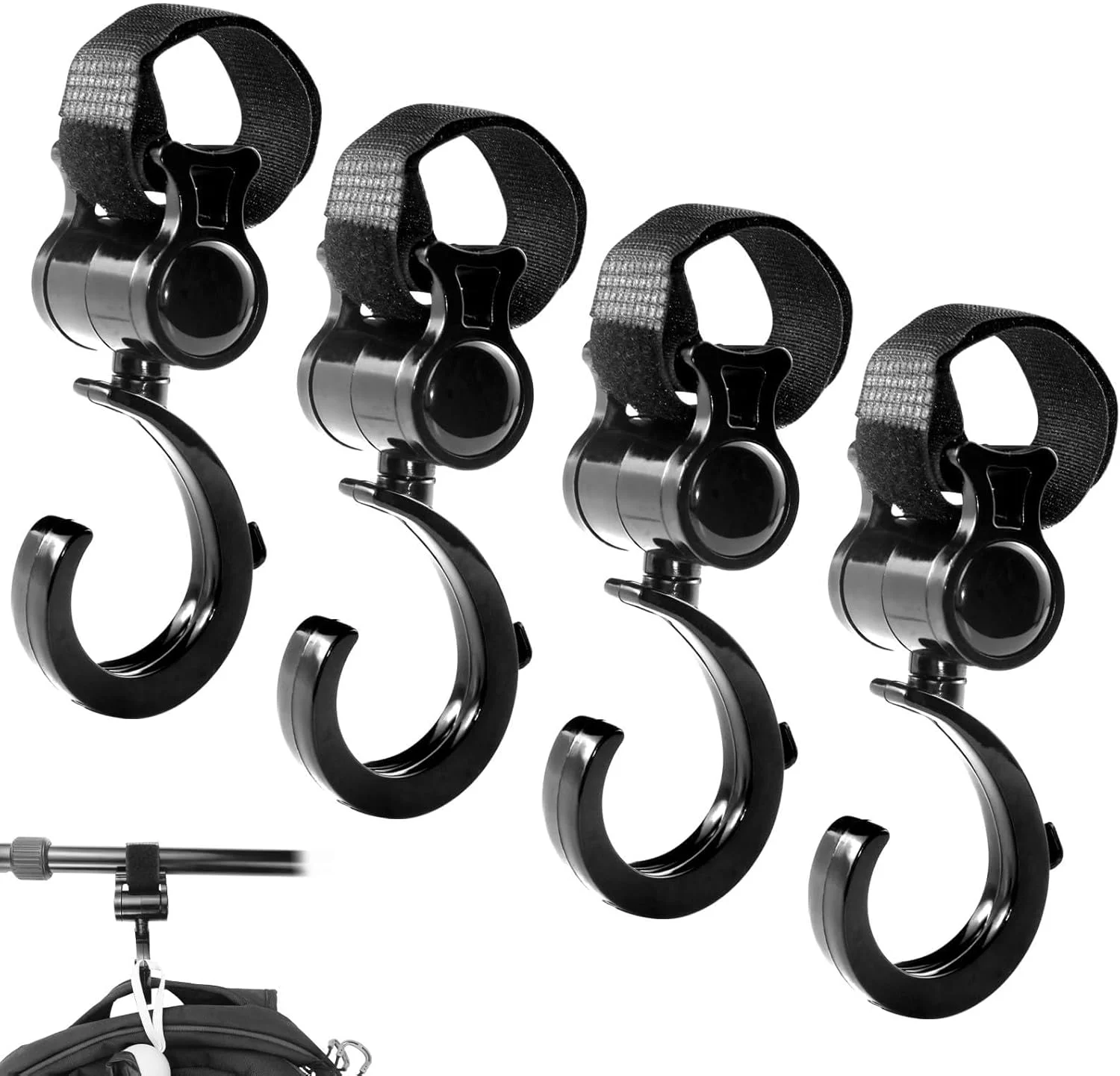 گیره کالسکه، بسته 4 عددی گیره های بزرگ و مشکی مقاوم برای کالسکه، آزادی دستان مادر، چرخش 360 درجه چند منظوره برای آویزان کردن کیف لوازم کودک، لوازم جانبی گیره ویلچر کالسکه، برای خرید، پیاده روی