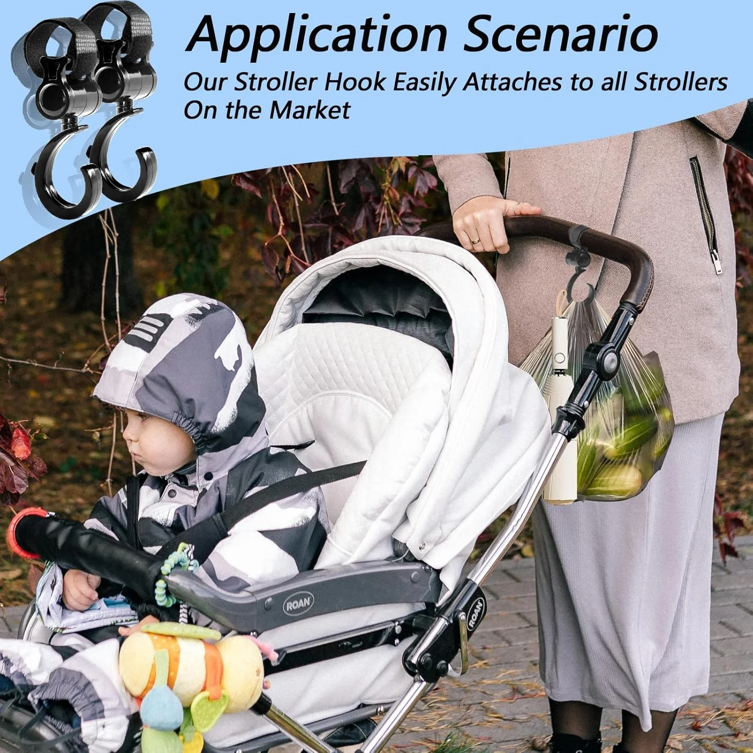 گیره کالسکه، بسته 4 عددی گیره های بزرگ و مشکی مقاوم برای کالسکه، آزادی دستان مادر، چرخش 360 درجه چند منظوره برای آویزان کردن کیف لوازم کودک، لوازم جانبی گیره ویلچر کالسکه، برای خرید، پیاده روی