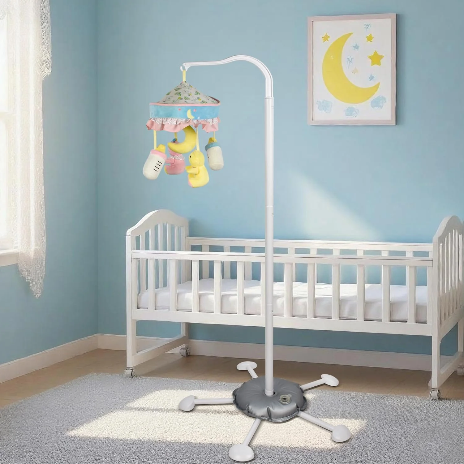 پایه آویز موبایل تخت نوزاد، 127 سانتی‌متری، بازوی آویز قابل تنظیم برای موبایل تخت، نگهدارنده محکم موبایل با پایه پایدار پر شده با آب، استند موبایل اتاق کودک