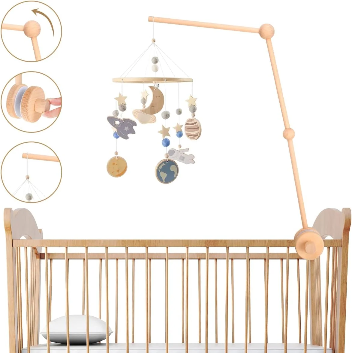 بازوی آویز تخت نوزاد JTWEB چوبی، نگهدارنده آویز تخت بدون لغزش، آویز تخت زنگ دار، آویز تخت کودک DIY برای دکوراسیون اتاق نوزاد، هدیه اسباب بازی نوزاد