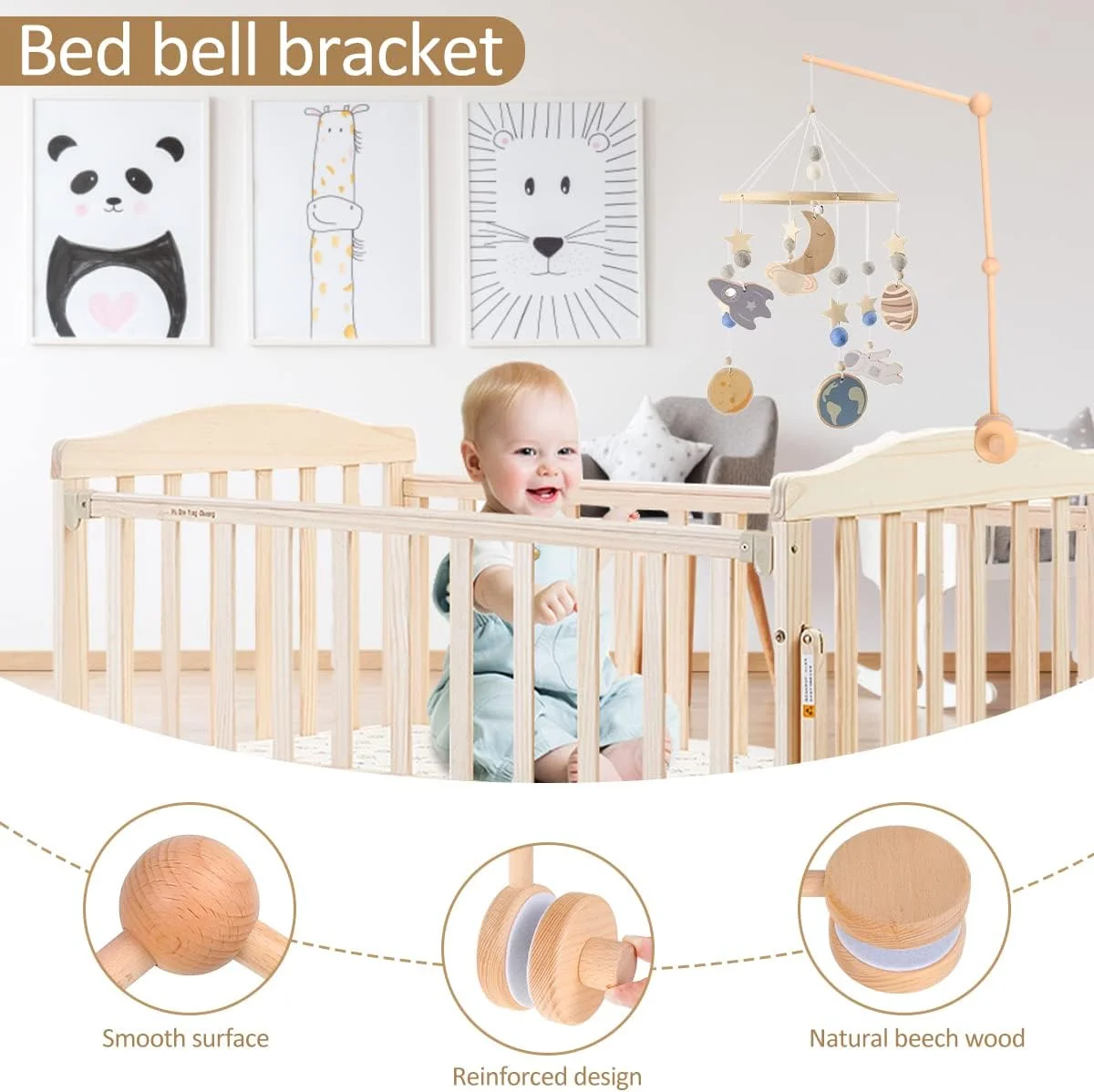 بازوی آویز تخت نوزاد JTWEB چوبی، نگهدارنده آویز تخت بدون لغزش، آویز تخت زنگ دار، آویز تخت کودک DIY برای دکوراسیون اتاق نوزاد، هدیه اسباب بازی نوزاد
