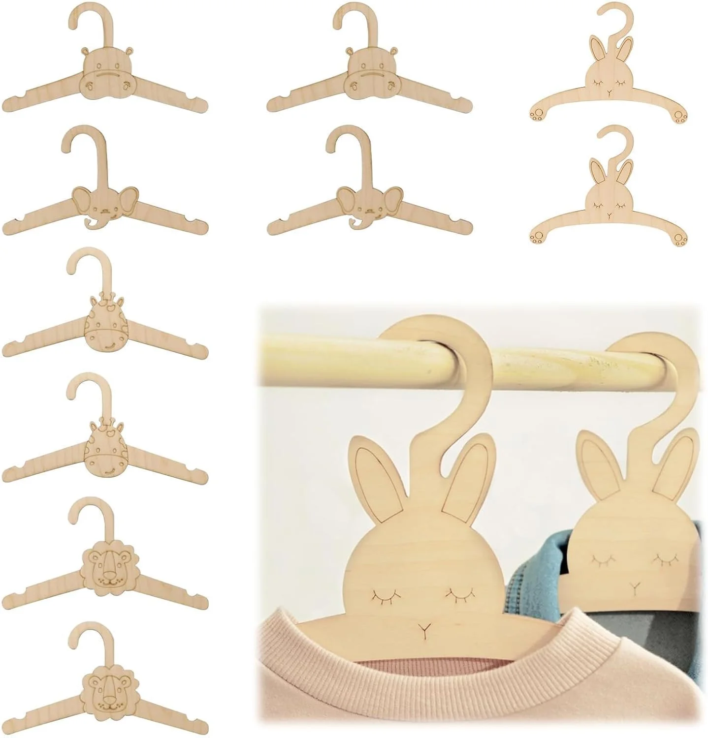 چوب لباسی کودک بسته 10 عددی، چوب لباسی چوبی صرفه جویی در فضا برای اتاق کودک، چوب لباسی بچه گانه ضد لغزش با طراحی باریک، سازمان دهنده بادوام کمد نوزاد و کودک نوپا، طرح حیوانات باغ وحش