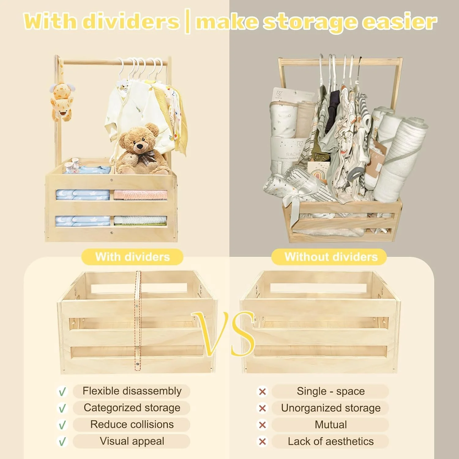 جعبه چوبی سیسمونی KASTWAVE با آویز و جداکننده - شامل 6 آویز، سبد هدیه چوبی برای دختران و پسران، هدیه بارداری برای مادران و والدین جدید