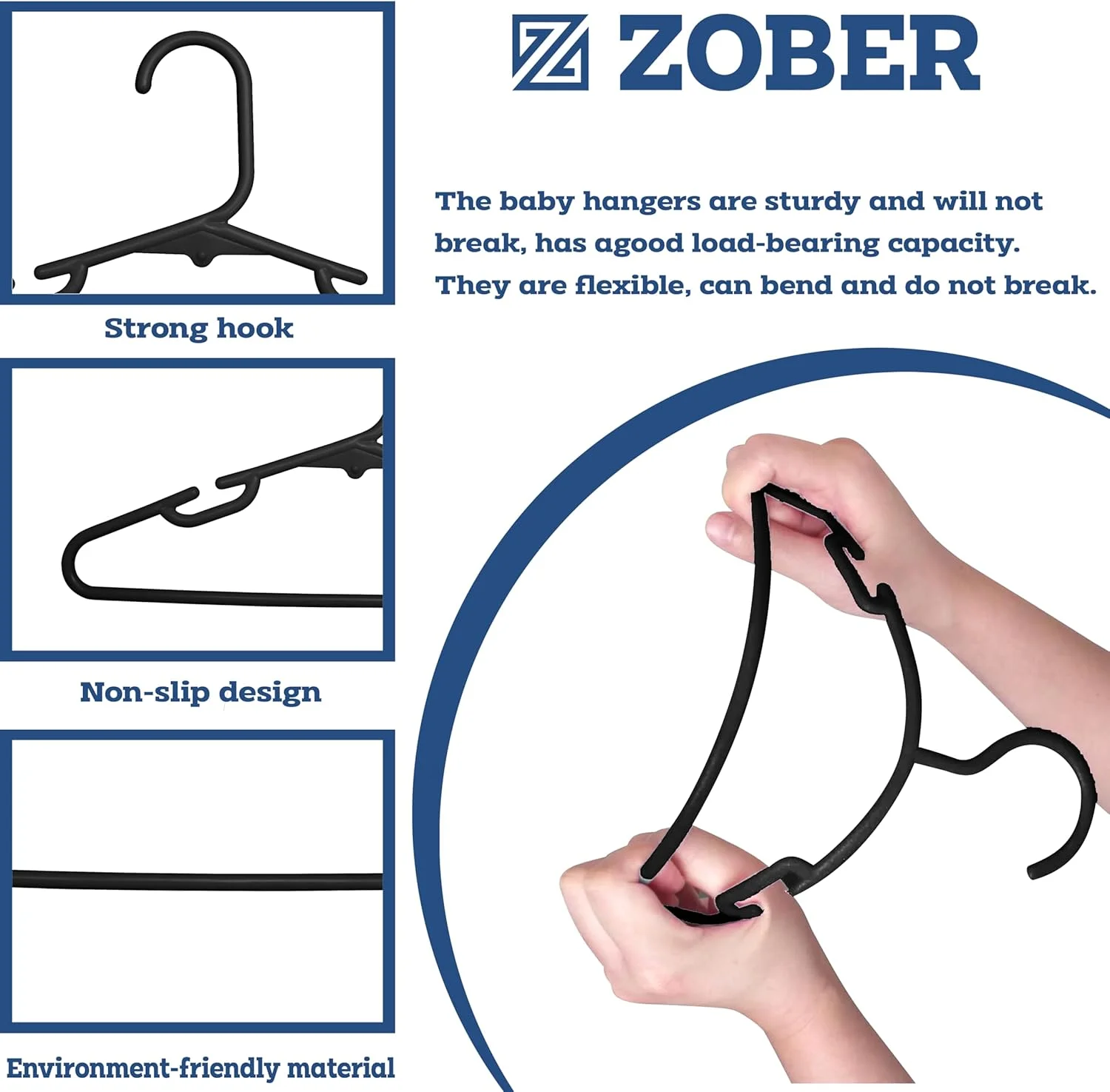 چوب لباسی پلاستیکی کودک زوبر، ضد لغزش، بادوام، سبک و کم حجم، مناسب برای پیراهن، شلوار، لباس بیرونی، تحمل وزن تا 2.5 کیلوگرم، نظم دهنده کمد (بسته 10 عددی، مشکی)