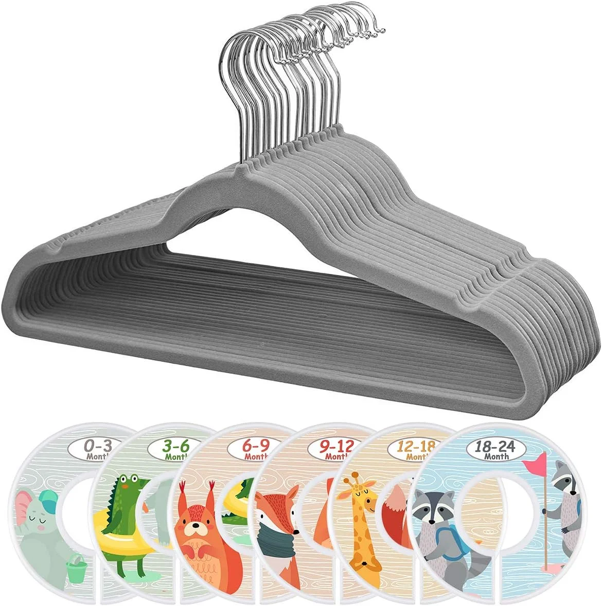 چوب لباسی مخملی کودک مانگوتری برای لباس کودکان، به همراه 6 عدد جداکننده کمد لباس کودک، ضد لغزش و صرفه جویی در فضا، خاکستری، بسته 20 عددی چوب لباسی، یک سایز، MT20
