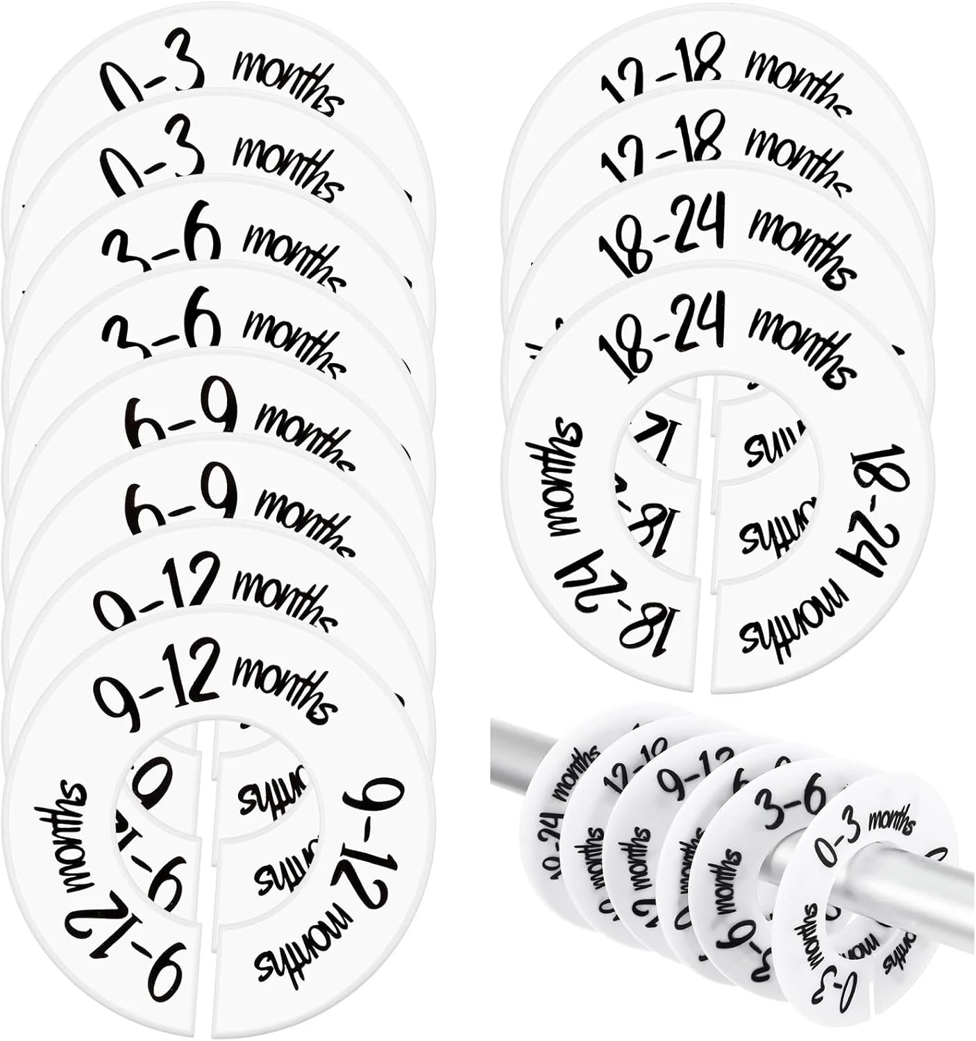 تقسیم کننده کمد لباس کودک 12 عددی، تقسیم کننده های گرد لباس کودک برای میله کمد، تقسیم کننده سایز لباس نوزاد از نوزادی تا نوپا، سازماندهی چوب لباسی های اتاق کودک