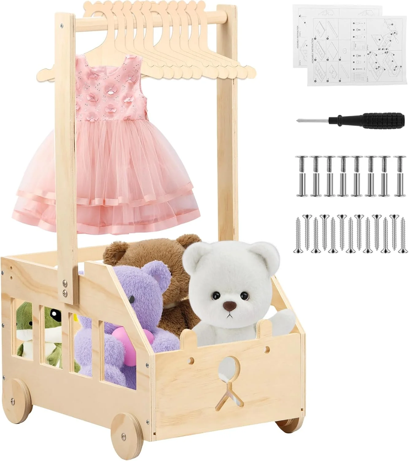 سبد هدیه چوبی کودک با چرخ، سبد متحرک هدیه نوزاد، سبد چوبی با 10 آویز، سبد قابل حمل برای نگهداری لباس، مناسب برای هدیه نوزاد