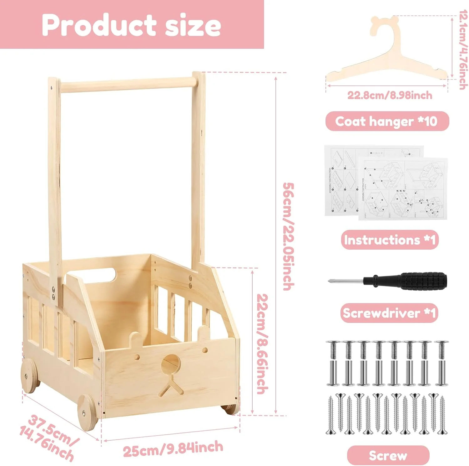 سبد هدیه چوبی کودک با چرخ، سبد متحرک هدیه نوزاد، سبد چوبی با 10 آویز، سبد قابل حمل برای نگهداری لباس، مناسب برای هدیه نوزاد
