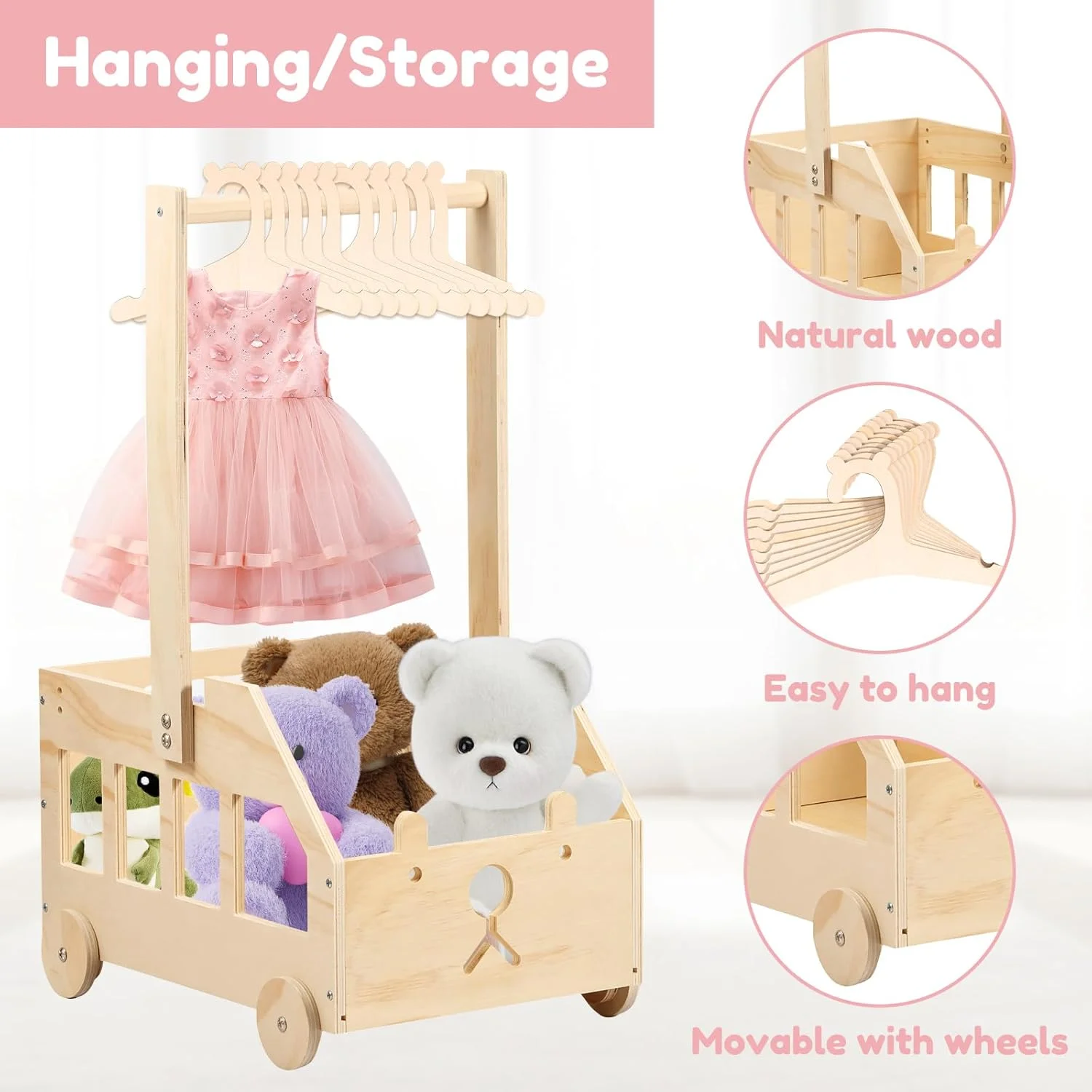 سبد هدیه چوبی کودک با چرخ، سبد متحرک هدیه نوزاد، سبد چوبی با 10 آویز، سبد قابل حمل برای نگهداری لباس، مناسب برای هدیه نوزاد