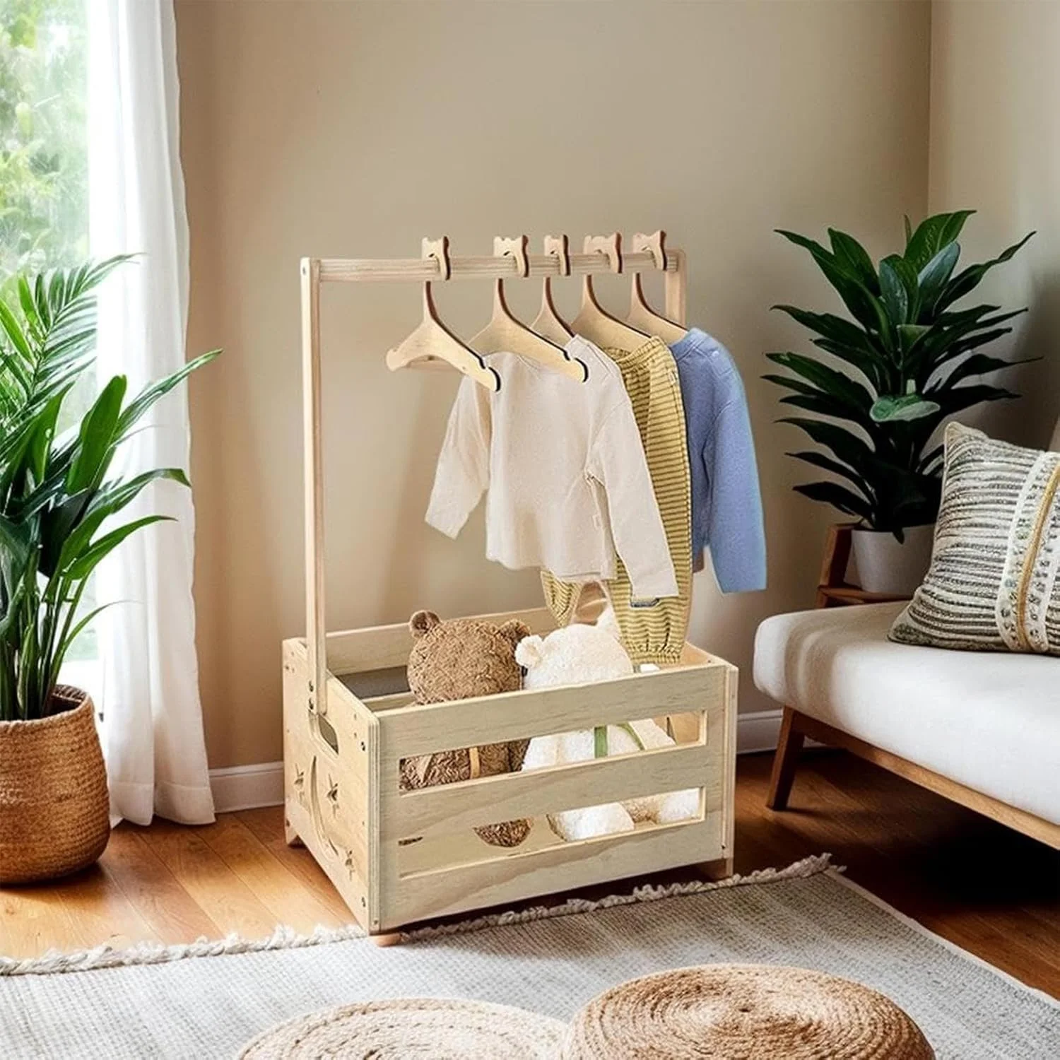 سبد کمد لباس کودک به همراه چوب لباسی | سبد ذخیره سازی - سبد لباس برای اتاق خواب منزل، دورهمی خانوادگی، جشن تولد و جشن تعیین جنسیت