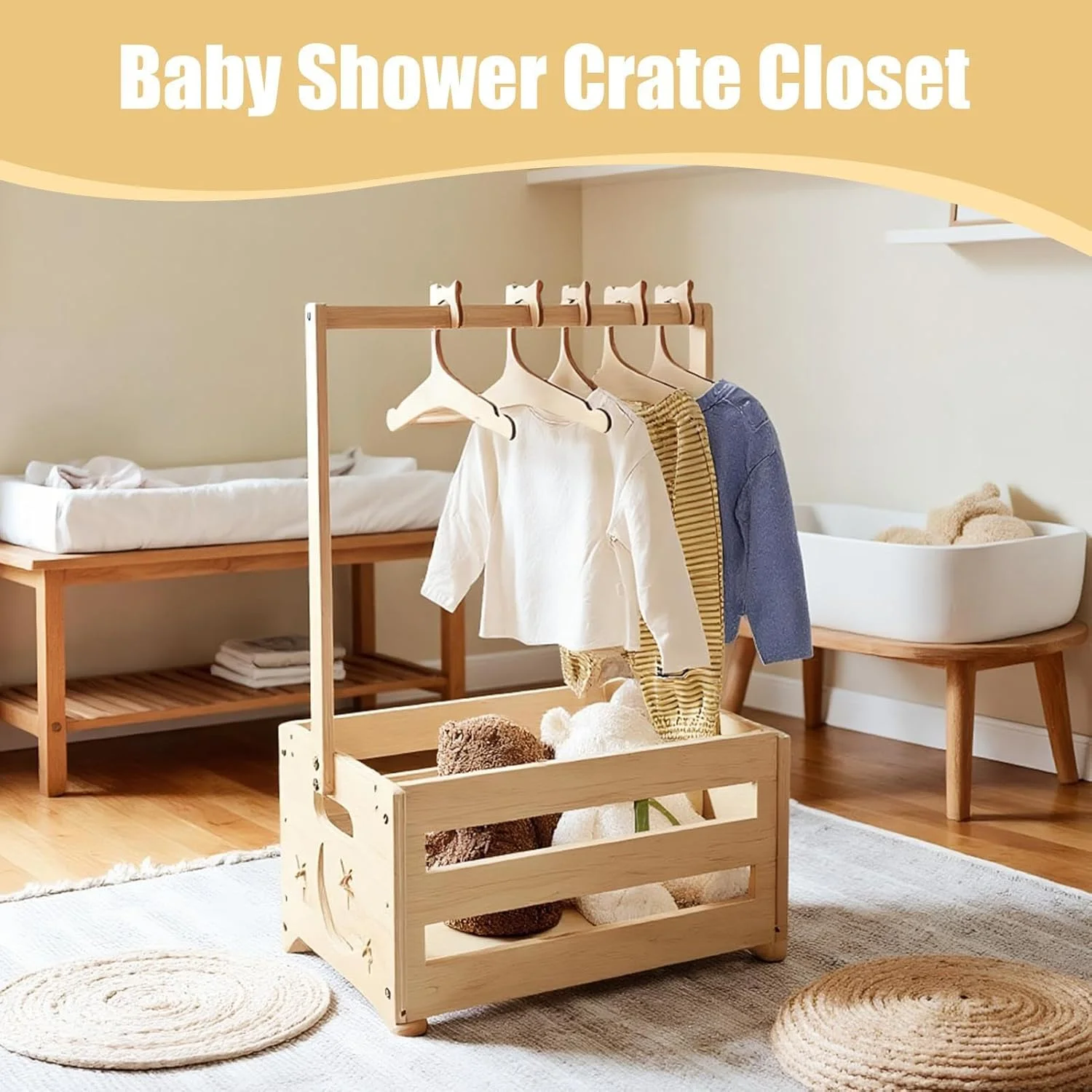 سبد کمد لباس کودک به همراه چوب لباسی | سبد ذخیره سازی - سبد لباس برای اتاق خواب منزل، دورهمی خانوادگی، جشن تولد و جشن تعیین جنسیت