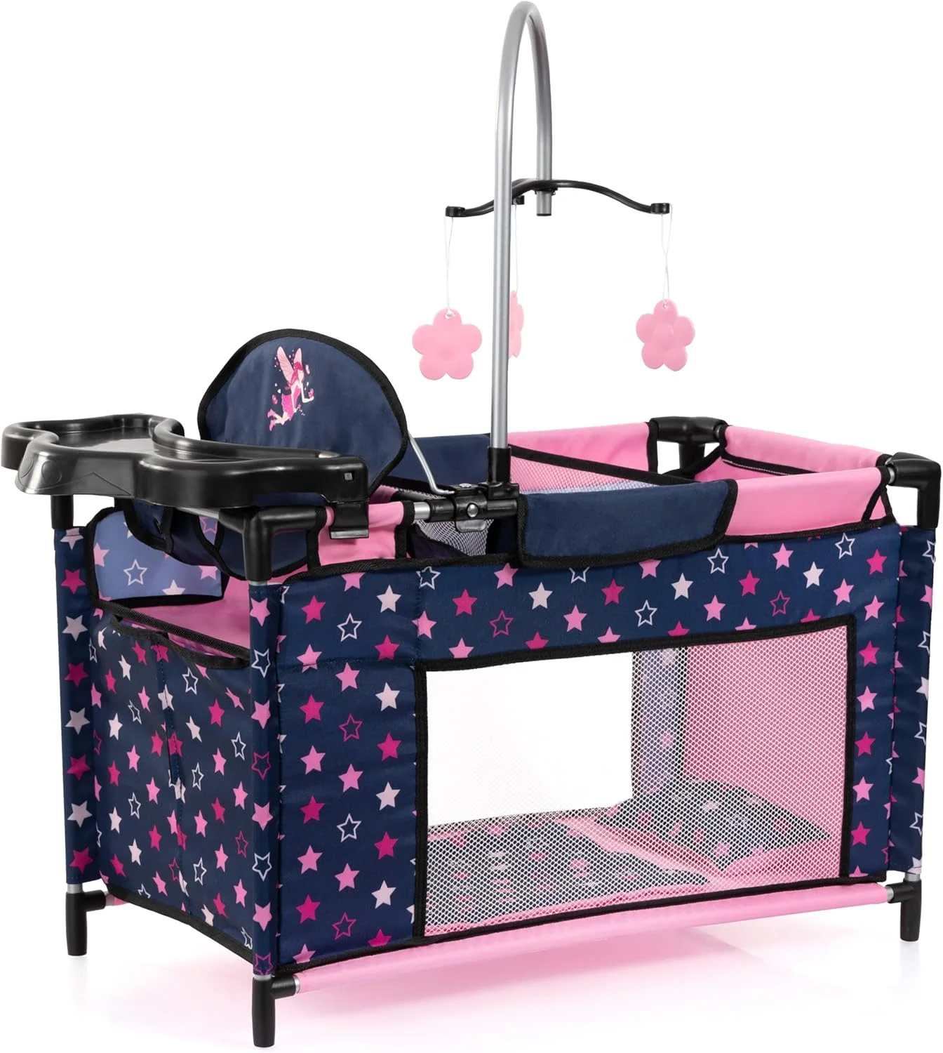 تخت عروسک Bayer Design 62616AA با صندلی بلند یکپارچه، میز تعویض، آویز بالای تخت و لوازم جانبی عروسک