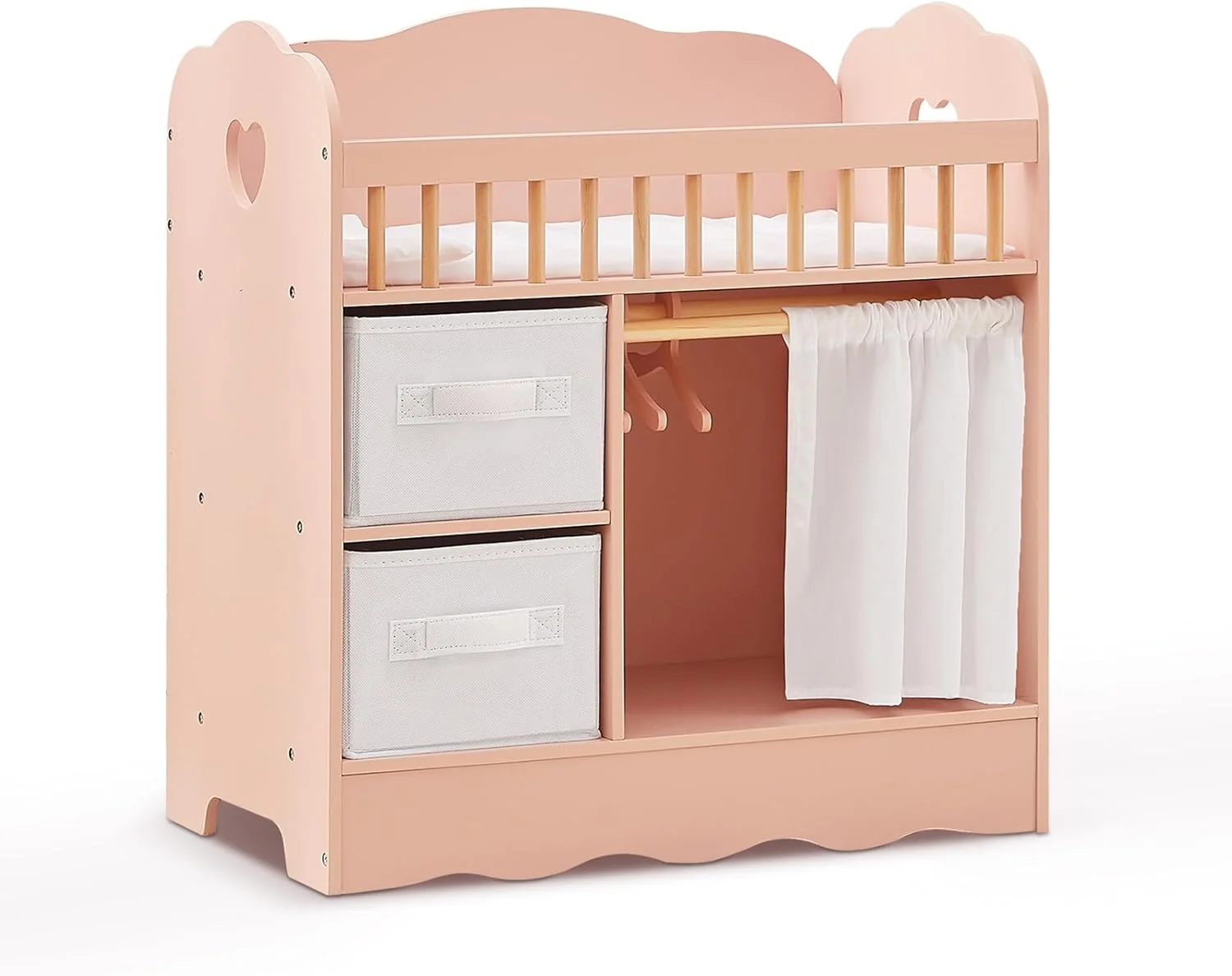 تخت خواب چوبی عروسک کودک OOOK، تخت عروسک و میز تعویض، مبلمان خانه عروسکی با دو جعبه ذخیره سازی، رختخواب و چوب لباسی، مجموعه بازی مهد کودک مناسب برای عروسک های زیر 22 اینچ، صورتی