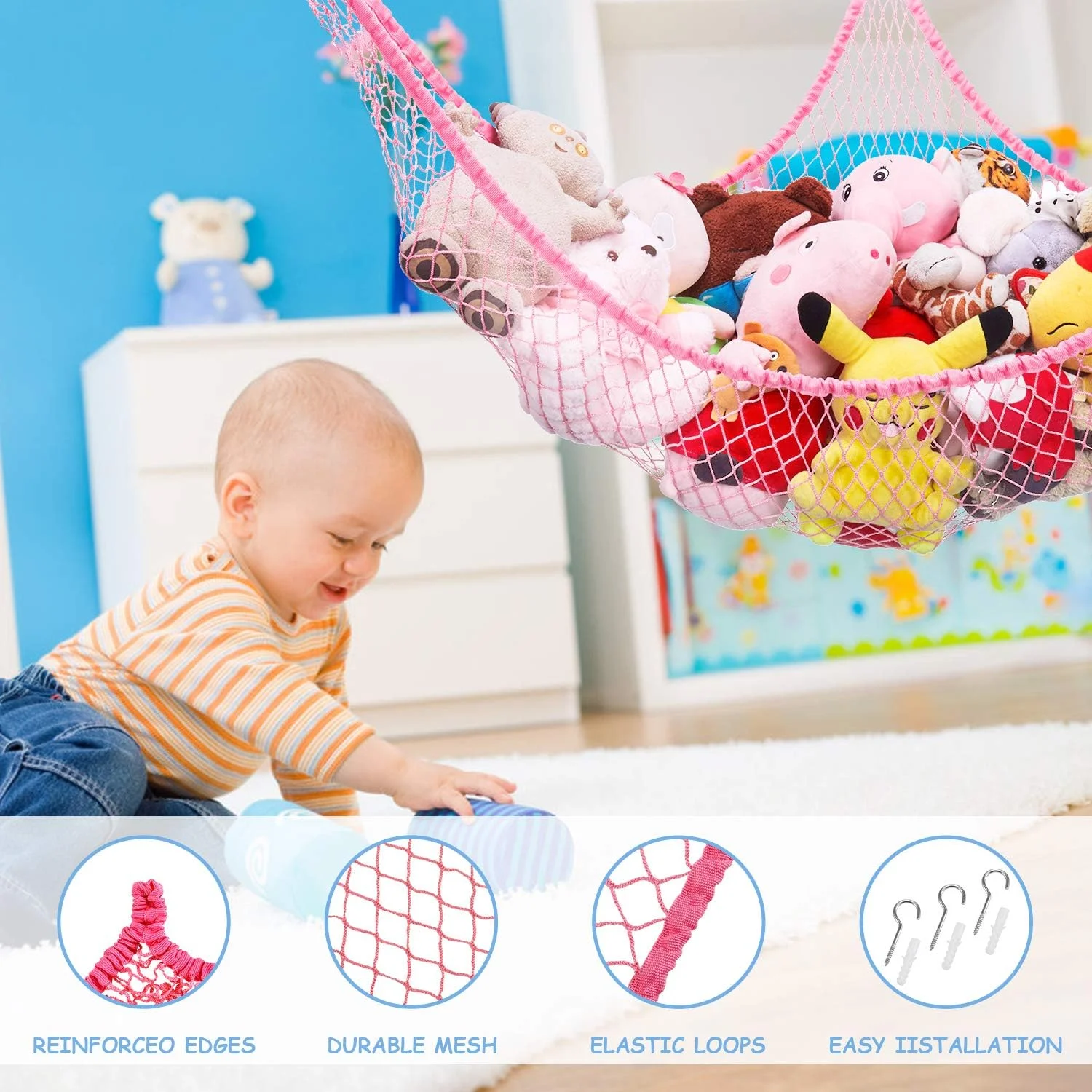 تور آویز اسباب بازی LXUNYI، توری برای نگهداری اسباب بازی، توری گوشه دیواری، توری آویز برای نگهداری اسباب بازی کودکان (صورتی، 178 سانتی متر)
