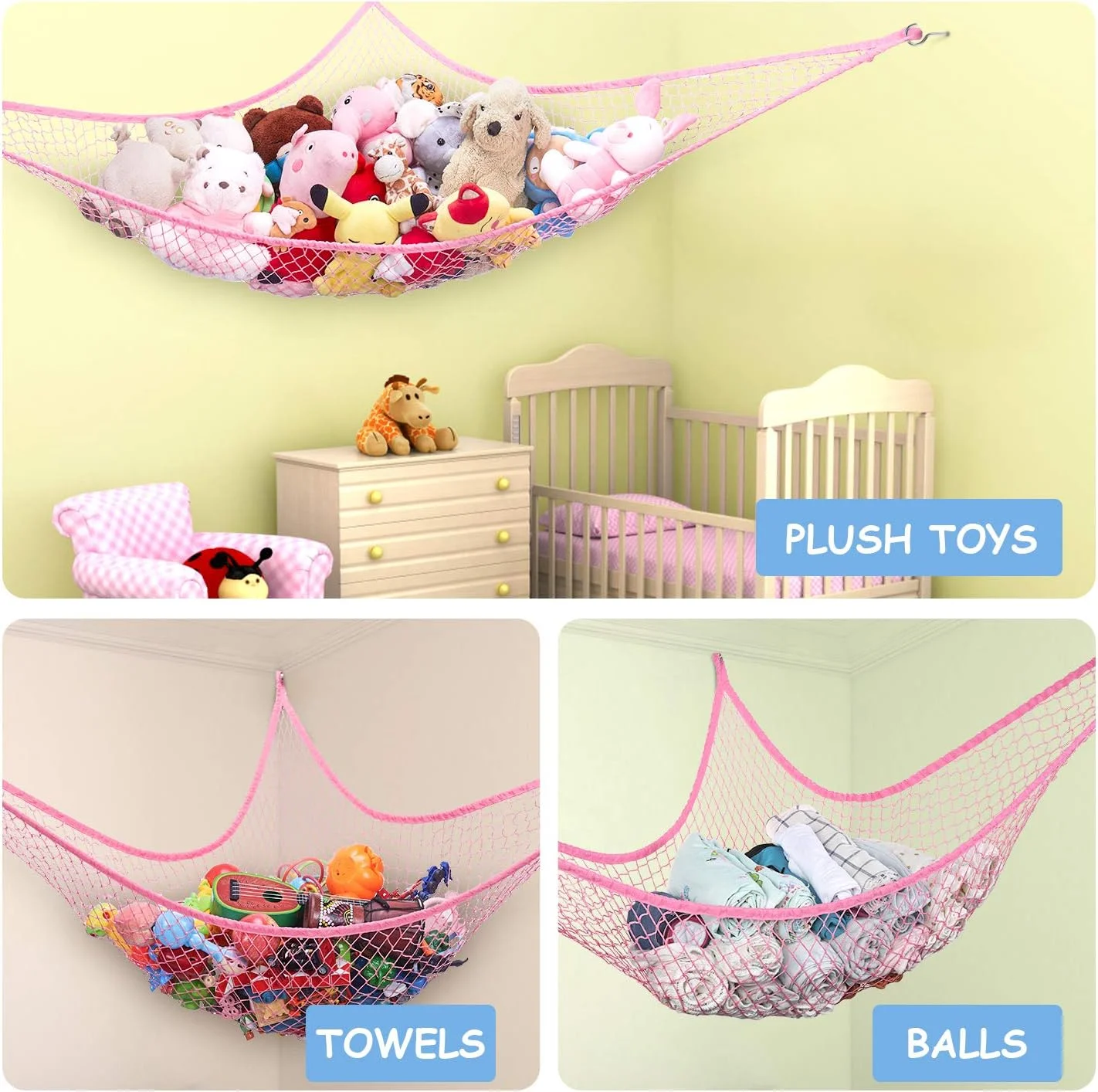 تور آویز اسباب بازی LXUNYI، توری برای نگهداری اسباب بازی، توری گوشه دیواری، توری آویز برای نگهداری اسباب بازی کودکان (صورتی، 178 سانتی متر)