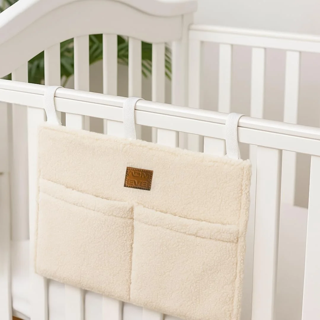 محفظه آویز کنار تخت کودک. سازمان دهنده لوازم کودک از جنس تدی با 2 محفظه نگهداری. محفظه آویز برای اسباب بازی و کتاب. سازمان دهنده عالی برای کودکان و بزرگسالان