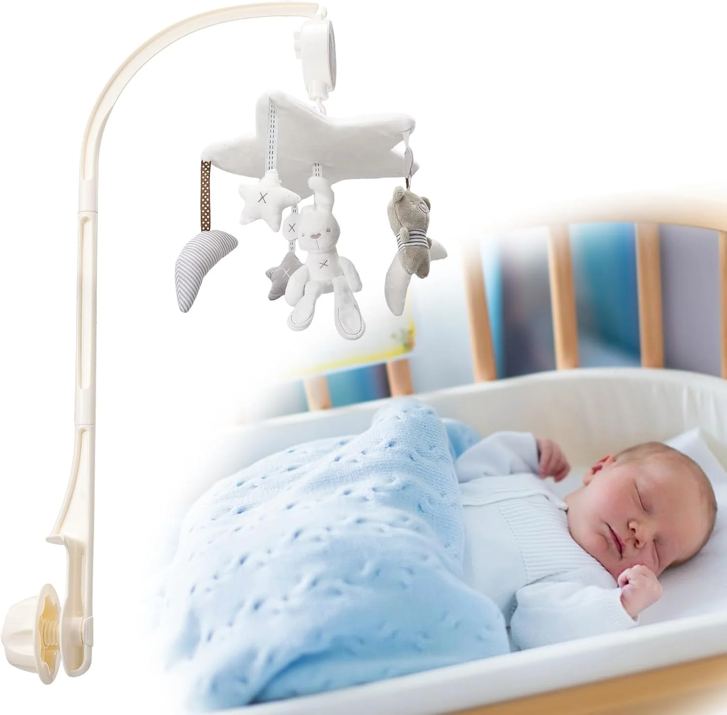 آویز تخت نوزاد برای دختران و پسران، بازوی آویز و جعبه موزیکال چرخشی با طرح خرگوش، ستاره و خرس، اسباب بازی های آویز تزئینی برای اتاق خواب نوزاد به سبک مونته سوری و نوردیک، هدیه ای عالی برای جشن سیسمونی، تولد یا کریسمس.