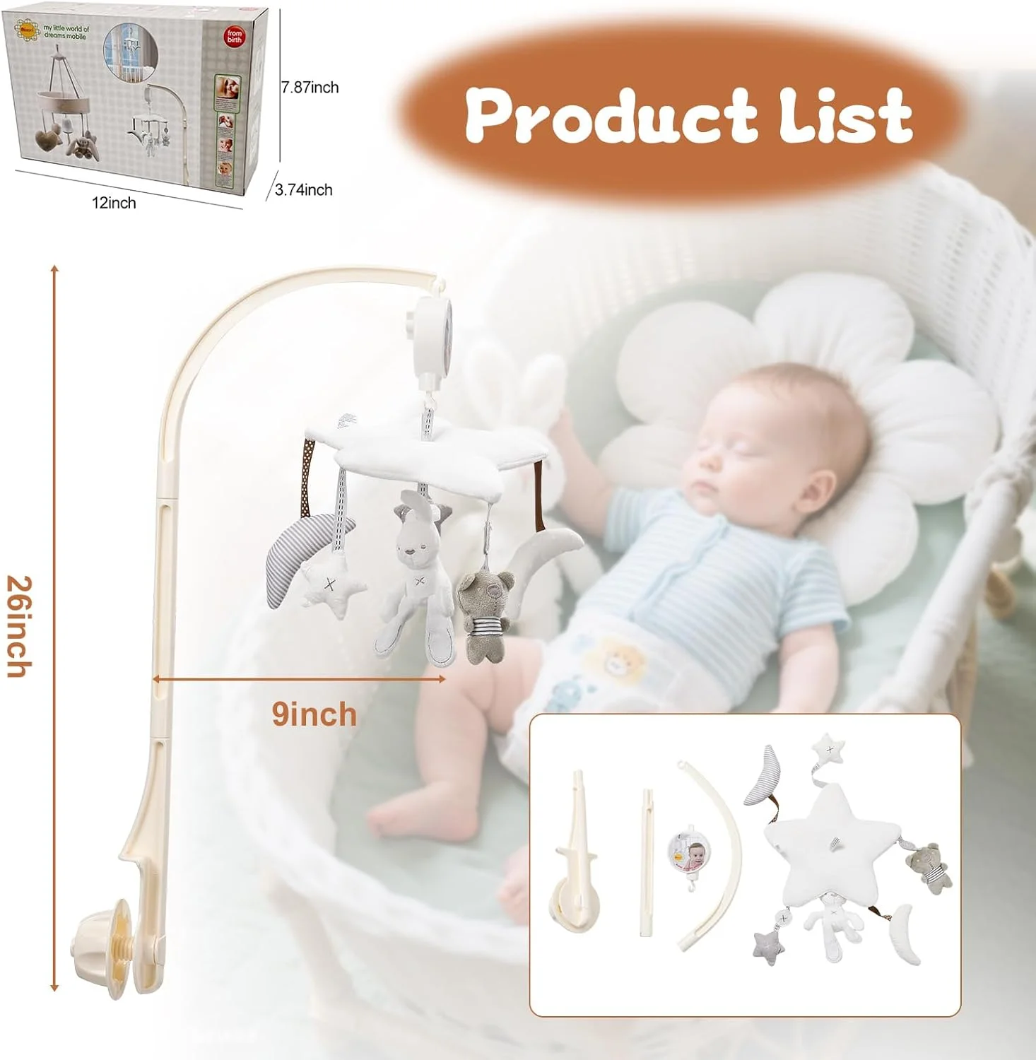 آویز تخت نوزاد برای دختران و پسران، بازوی آویز و جعبه موزیکال چرخشی با طرح خرگوش، ستاره و خرس، اسباب بازی های آویز تزئینی برای اتاق خواب نوزاد به سبک مونته سوری و نوردیک، هدیه ای عالی برای جشن سیسمونی، تولد یا کریسمس.