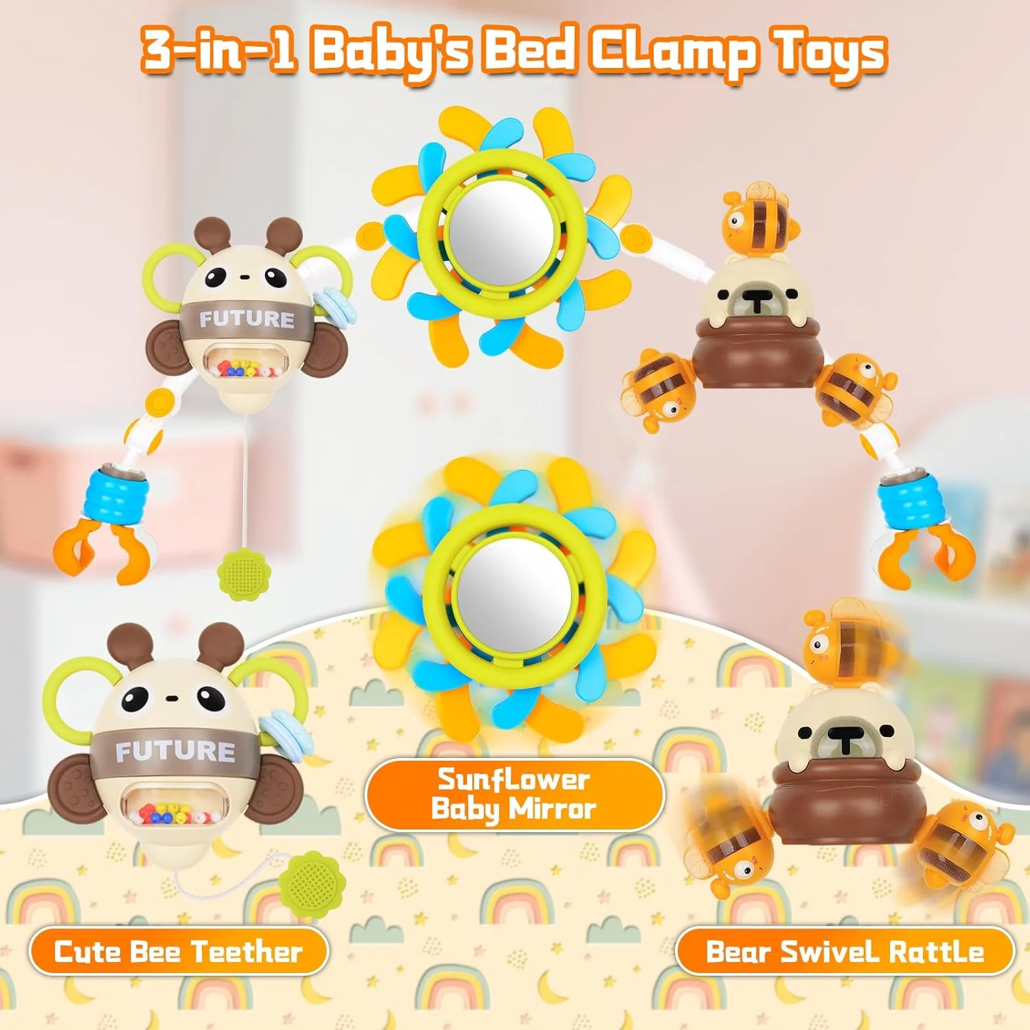 آویز صندلی ماشین کودک، آویز کالسکه و تخت نوزاد، اسباب بازی کمانی قابل تنظیم با گیره اتصال به کالسکه، هدیه برای نوزادان دختر و پسر