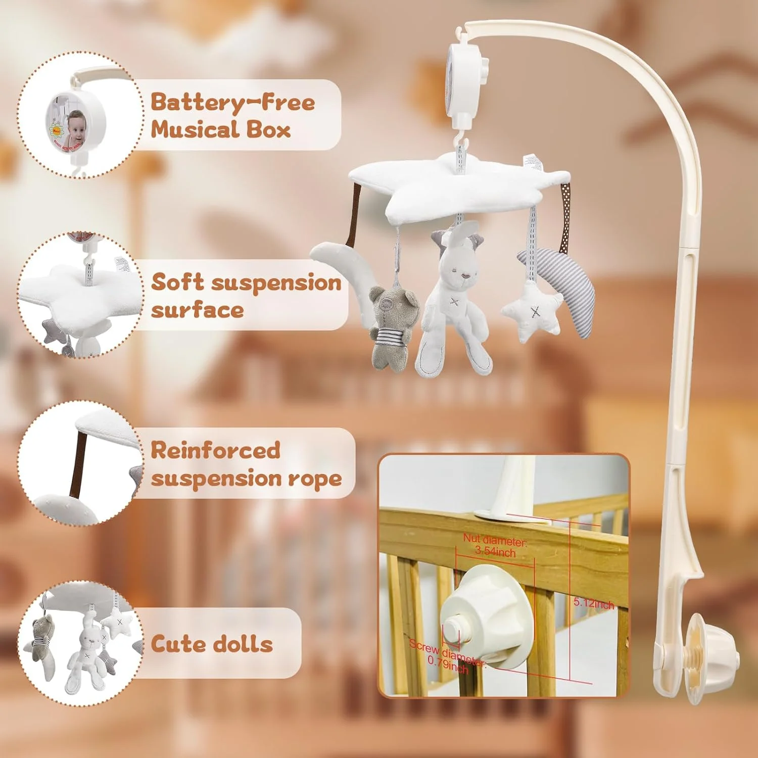آویز تخت نوزاد برای دختران و پسران، بازوی آویز و جعبه موزیکال چرخشی با طرح خرگوش، ستاره و خرس، اسباب بازی های آویز تزئینی برای اتاق خواب نوزاد به سبک مونته سوری و نوردیک، هدیه ای عالی برای جشن سیسمونی، تولد یا کریسمس.
