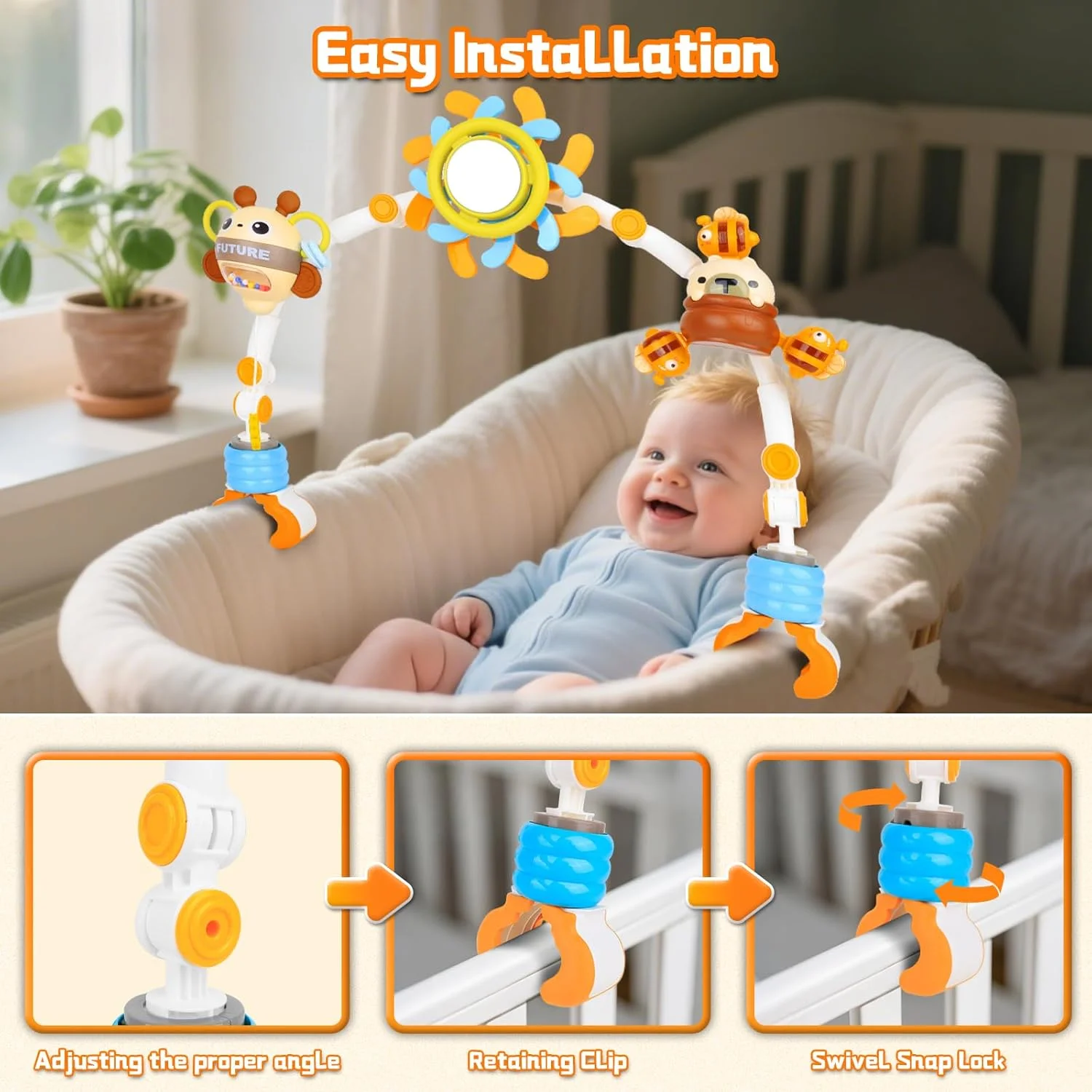 آویز صندلی ماشین کودک، آویز کالسکه و تخت نوزاد، اسباب بازی کمانی قابل تنظیم با گیره اتصال به کالسکه، هدیه برای نوزادان دختر و پسر