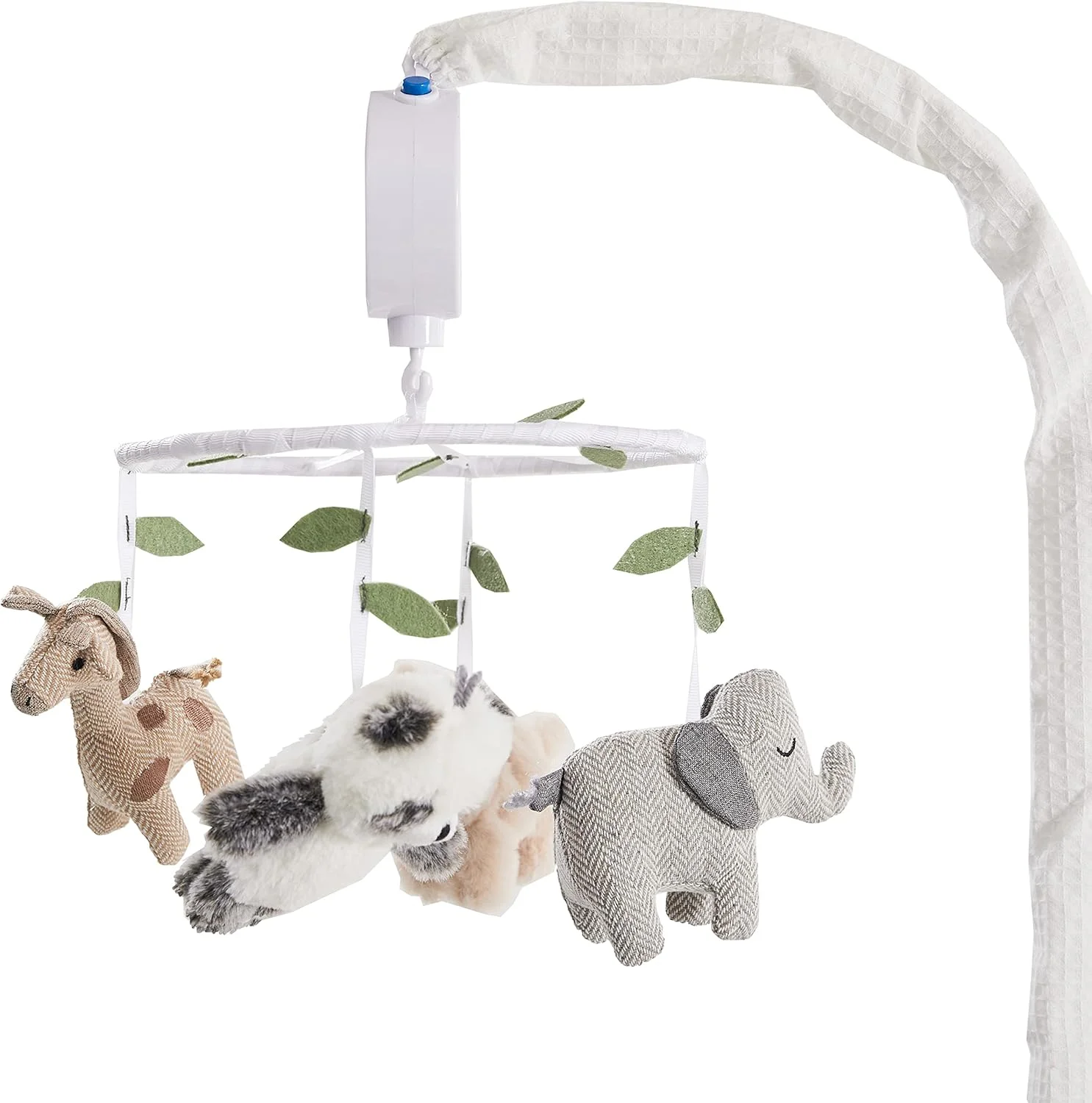 آویز موزیکال چرخشی تخت نوزاد لوِتِکس بیبی - موزامبیک - زرافه پولیشی، پاندا، شیر و فیل - خاکستری، قهوه ای مایل به خاکستری، کرم، سفید و سبز - لوازم جانبی اتاق کودک