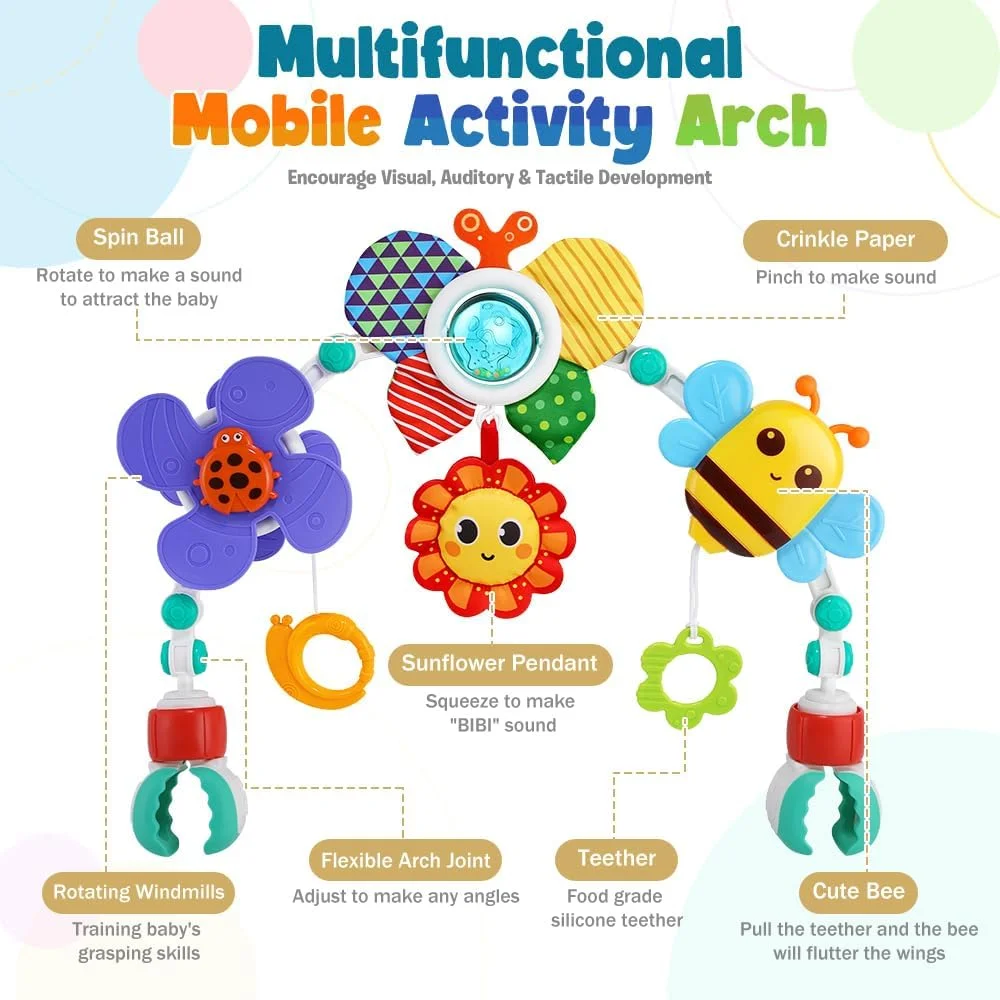 آویز اسباب بازی کالسکه کودک، آویز تخت قابل تنظیم برای گهواره با لوازم جانبی بازی حسی و اسباب بازی های آویز، اسباب بازی صندلی ماشین کودک برای پسر و دختر نوپا 0 3 6 9 12 24 ماهه
