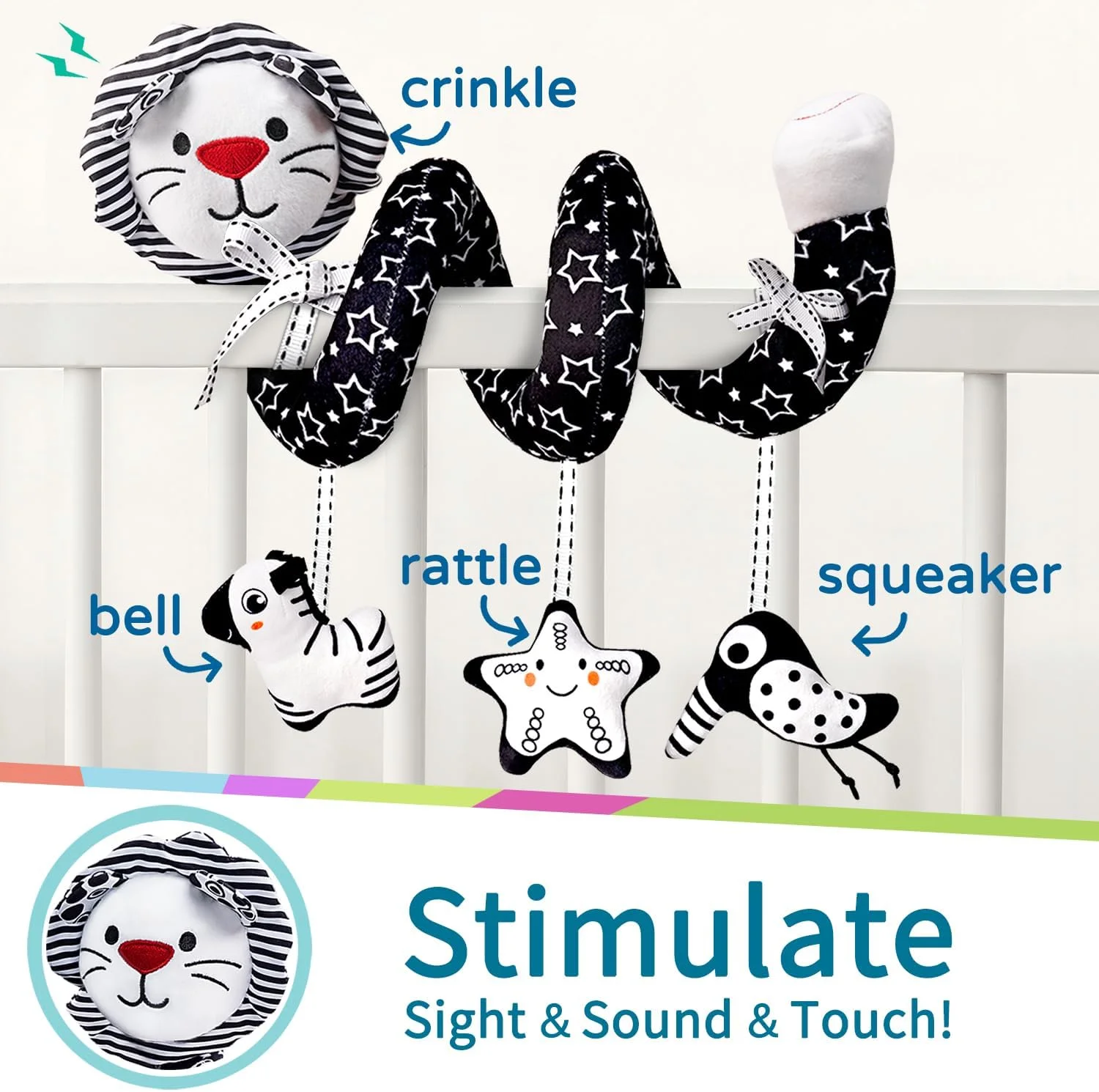 اسباب بازی های مارپیچی صندلی ماشین LiKee برای نوزادان 0-6 ماهه، اسباب بازی های آویز مشکی پولیشی با کنتراست بالا برای کالسکه نوزاد، فعالیت حسی تخت نوزاد و صندلی ماشین برای نوزاد تازه متولد شده، مناسب برای نوزادان پسر و دختر 0+ سال 6-12 ماهه