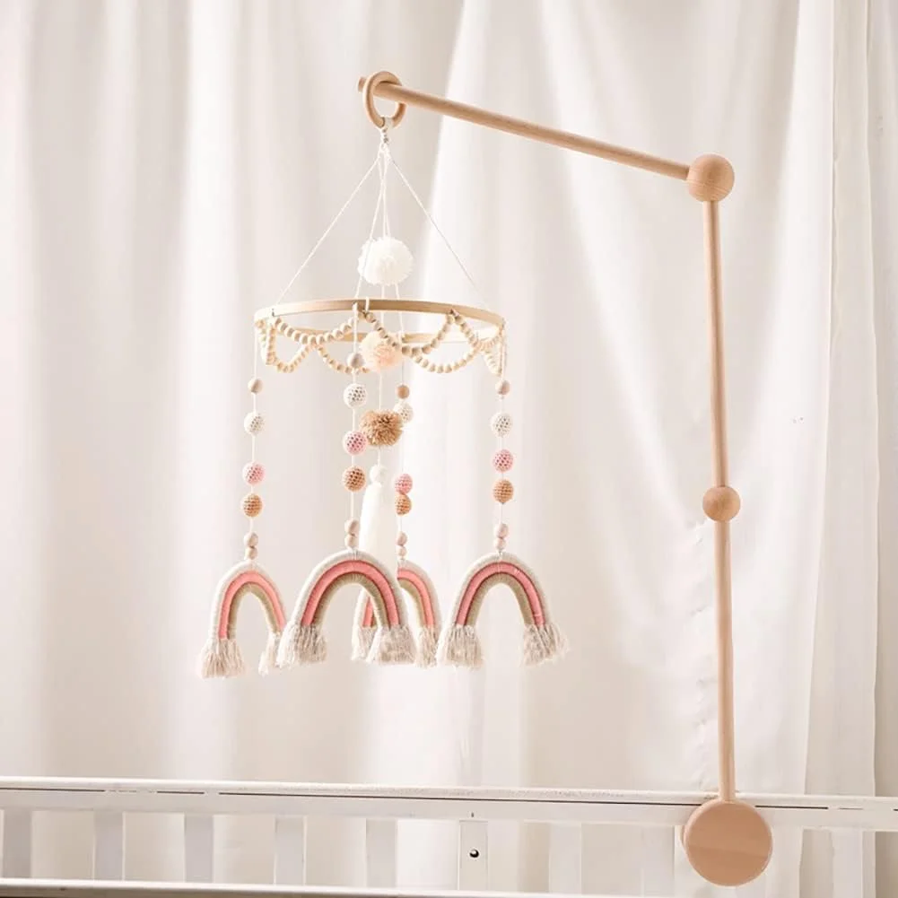 آویز تخت کودک لیچنگتای، آویز رنگین کمانی با آویز تخت نوزاد با آویزهای توپی، هدیه ای برای نوزادان دختر و پسر