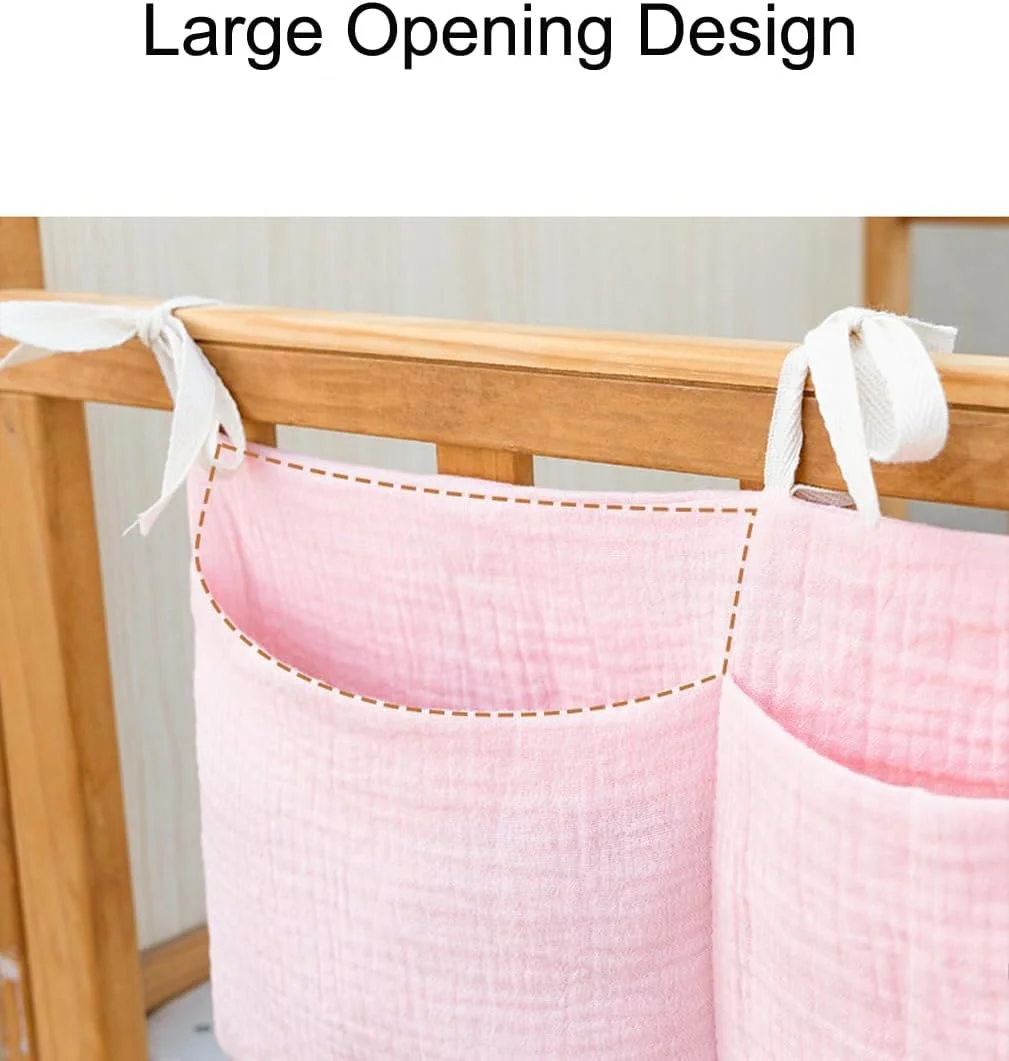 کیف آویز کنار تخت نوزاد، کیف پارچه ای موسلین، کیف اسباب بازی 38 × 18 سانتی متر، کیف آویز کاربردی برای دستمال، پوشک، پستانک و اسباب بازی، پنبه ای (سفید، خال های پلنگی)