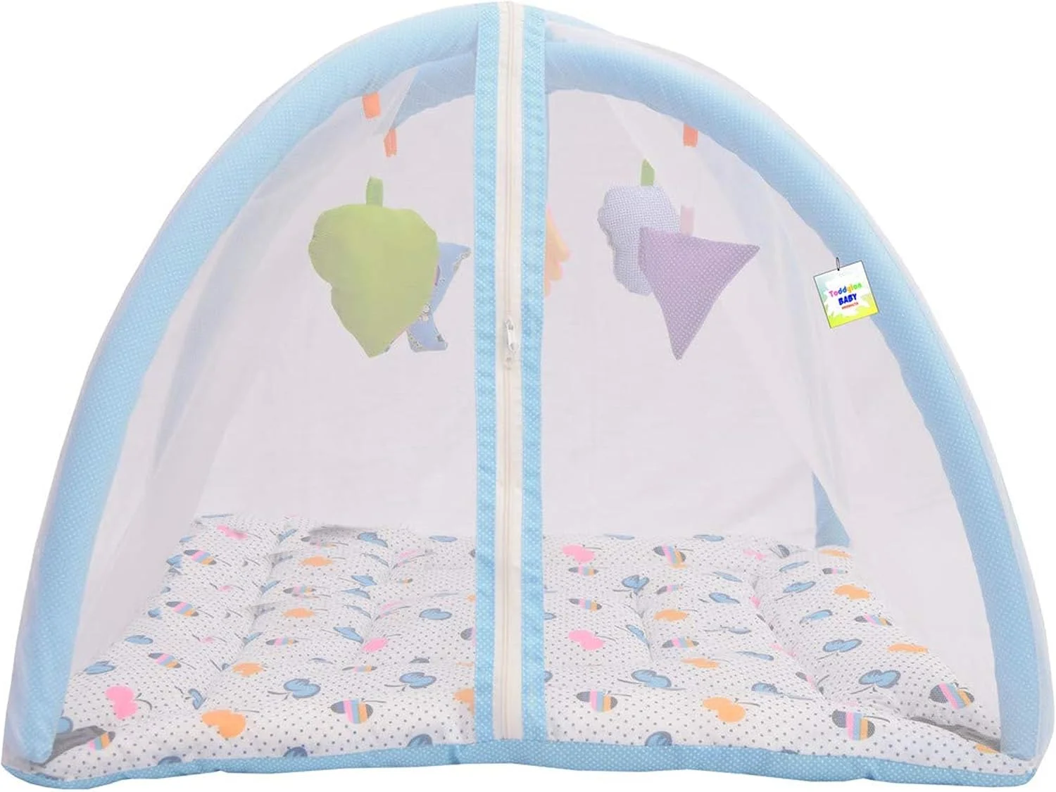 ست خواب نوزادی تودلون، تخت خواب توری پشه بند دار با آویز اسباب بازی و بالش (مناسب نوزاد پسر و دختر 0 تا 6 ماه، آبی روشن طرح سیب)