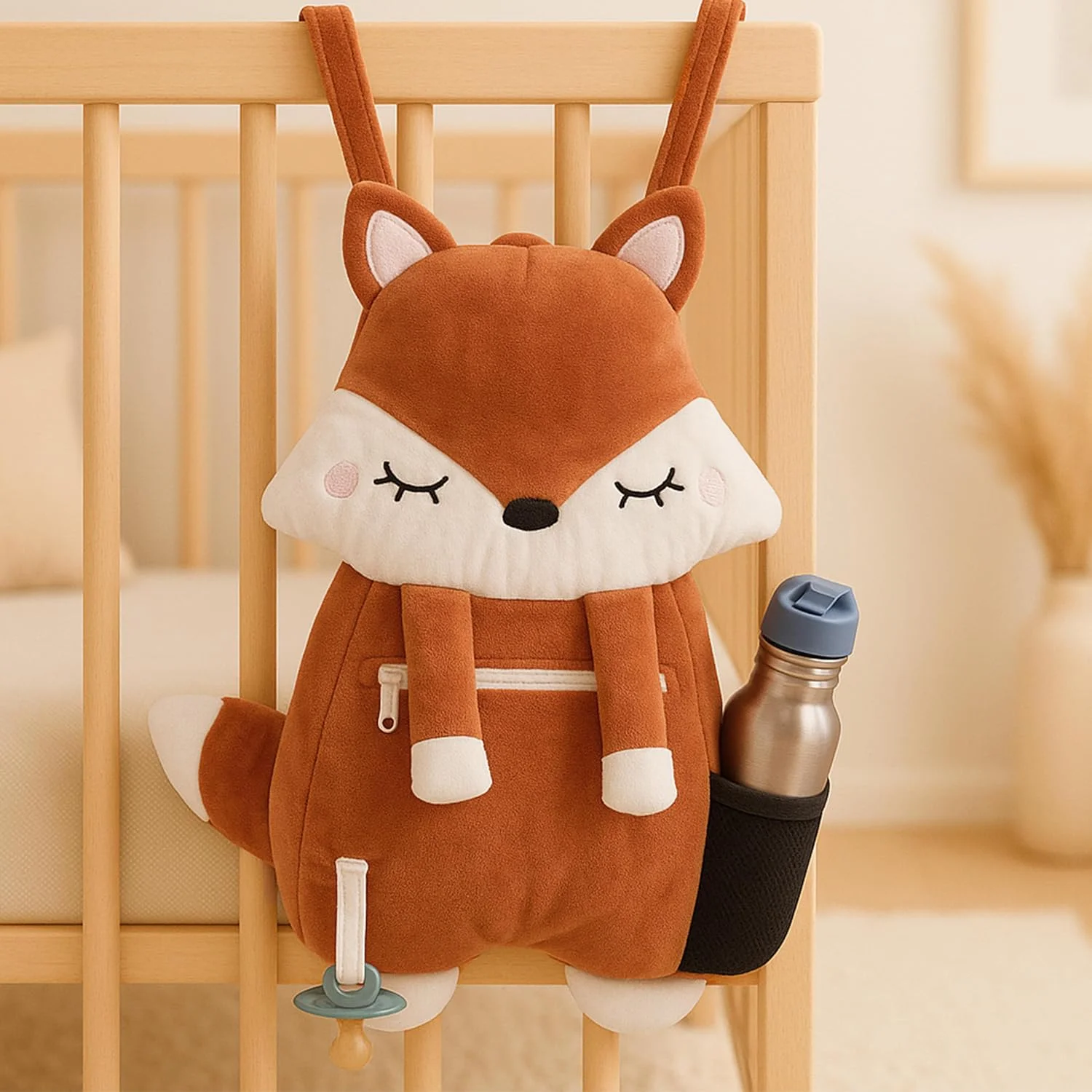 ارگانایزر آویز تخت کودک - کیف تخت خواب کودکانه با طرح روباه - ارگانایزر میز تعویض ممتاز - کیف نگهداری آویز برای پوشک، شیشه شیر و اسباب بازی