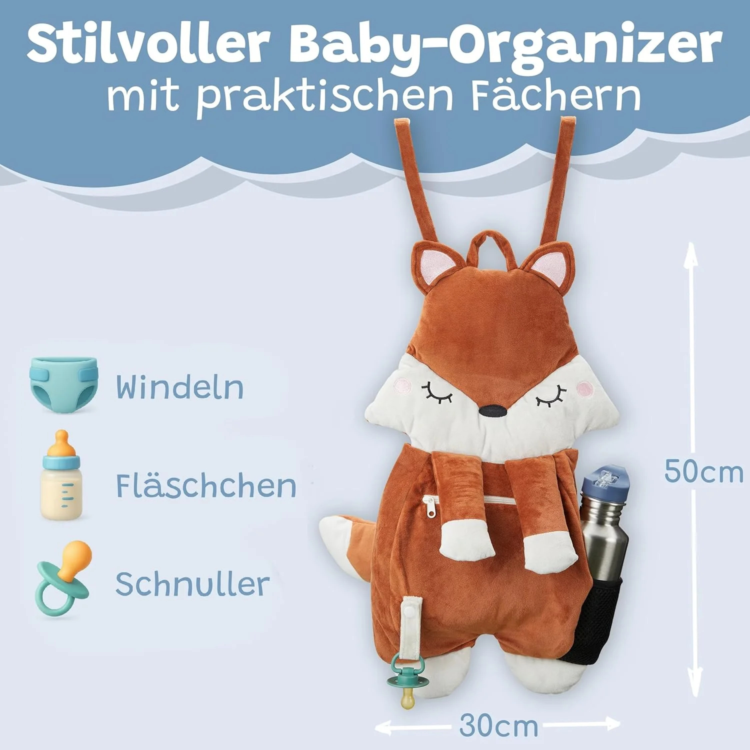 ارگانایزر آویز تخت کودک - کیف تخت خواب کودکانه با طرح روباه - ارگانایزر میز تعویض ممتاز - کیف نگهداری آویز برای پوشک، شیشه شیر و اسباب بازی