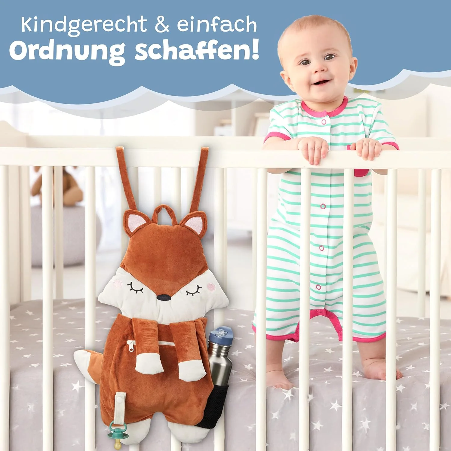 ارگانایزر آویز تخت کودک - کیف تخت خواب کودکانه با طرح روباه - ارگانایزر میز تعویض ممتاز - کیف نگهداری آویز برای پوشک، شیشه شیر و اسباب بازی