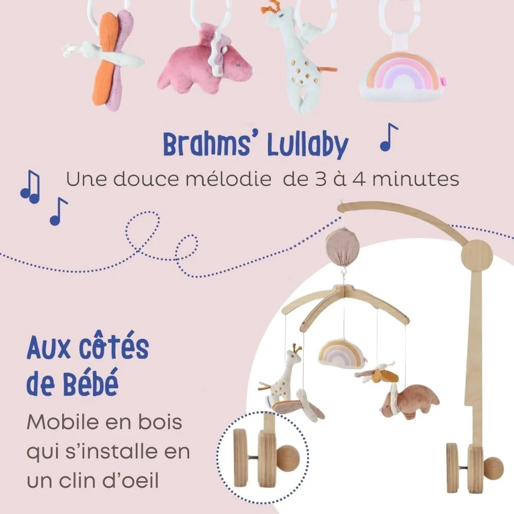 موبایل موزیکال چوبی Noukie's طرح Gigi, Louli & Popsie - مناسب برای تخت نوزاد، گهواره و پارک بازی - اسباب بازی آموزشی