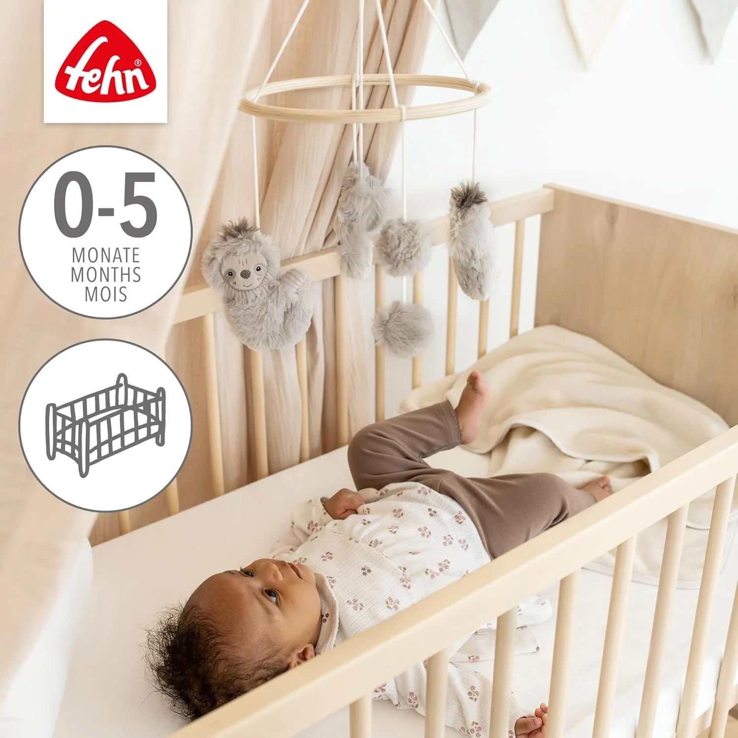آویز چوبی تنبل Fehn - آویز چوبی با اشکال پارچه ای زیبا - کمک خواب برای آرامش و فعالیت - برای نوزادان 0-5 ماهه