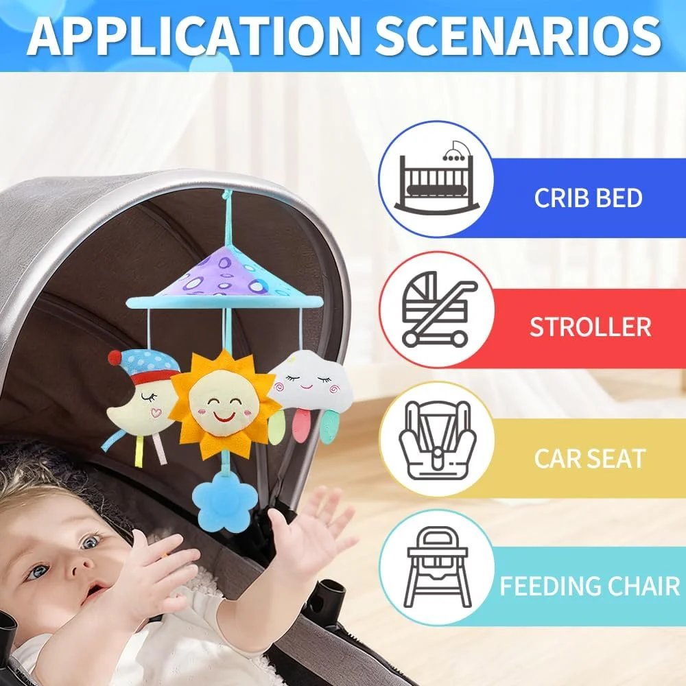 آویزهای کالسکه کودک Caterbee، مناسب برای تخت و پارک، آویز صندلی ماشین با جغجغه نرم برای نوزادان 0 ماه به بالا (آسمانی)