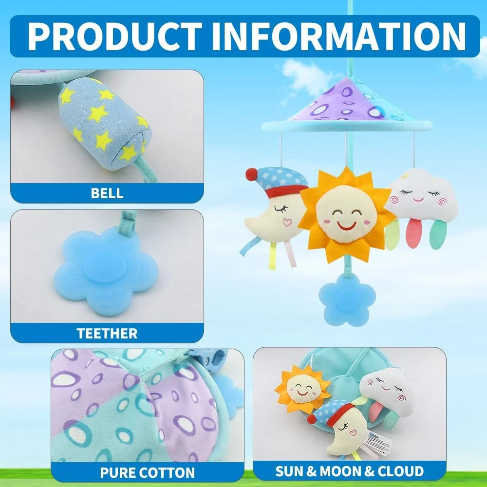 آویزهای کالسکه کودک Caterbee، مناسب برای تخت و پارک، آویز صندلی ماشین با جغجغه نرم برای نوزادان 0 ماه به بالا (آسمانی)