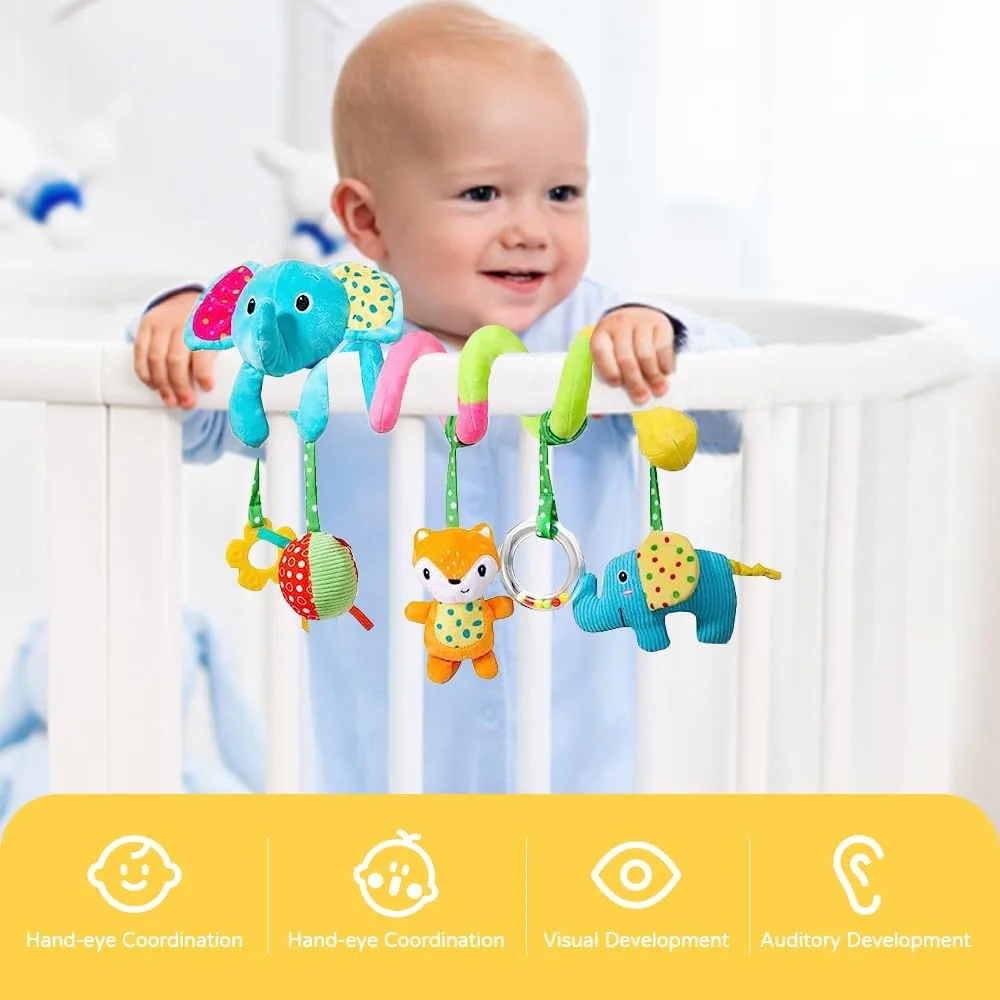 آویزهای صندلی ماشین ویل‌وی، اسباب‌بازی‌های آویز مارپیچی پولیشی برای صندلی ماشین، کالسکه، تخت نوزاد، موبایل با جغجغه و صدای BB، اسباب‌بازی کودک برای 0، 3، 6، 12 ماهگی