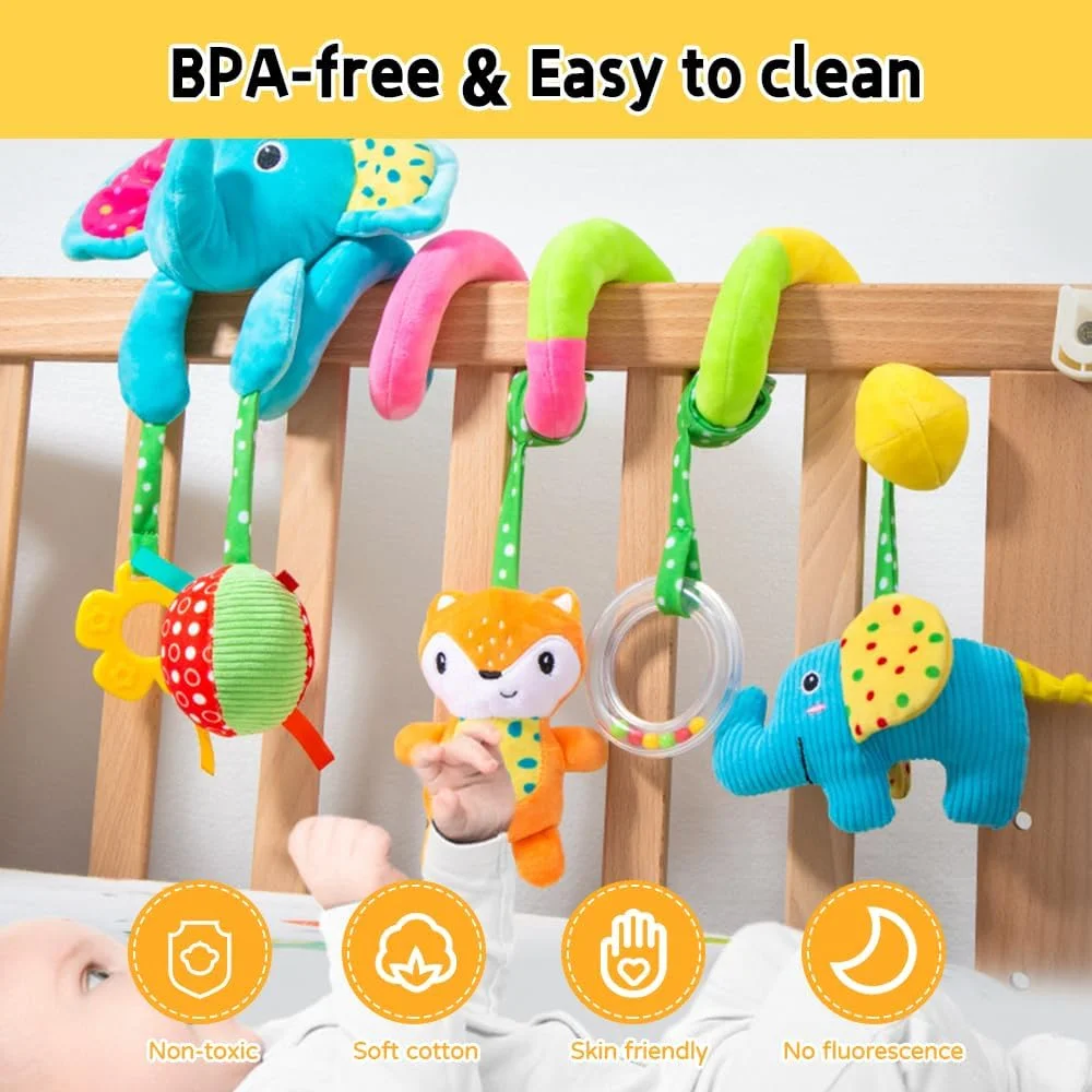 آویزهای صندلی ماشین ویل‌وی، اسباب‌بازی‌های آویز مارپیچی پولیشی برای صندلی ماشین، کالسکه، تخت نوزاد، موبایل با جغجغه و صدای BB، اسباب‌بازی کودک برای 0، 3، 6، 12 ماهگی