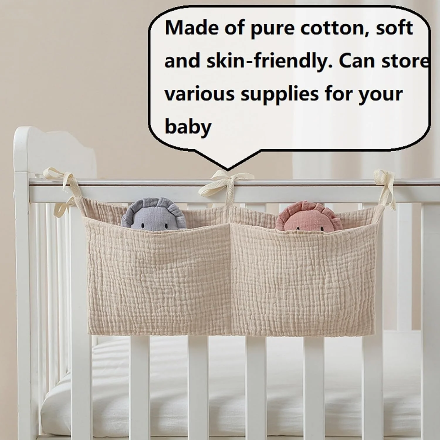 کیف آویز کنار تخت کودک BIGTHREE، کیف نظم دهنده تخت خوابگاهی، کیف نظم دهنده تخت کودک 2 در 1، آویز کنار تخت، مناسب برای نگهداری اسباب بازی، پوشک و پستانک کودک (بژ)