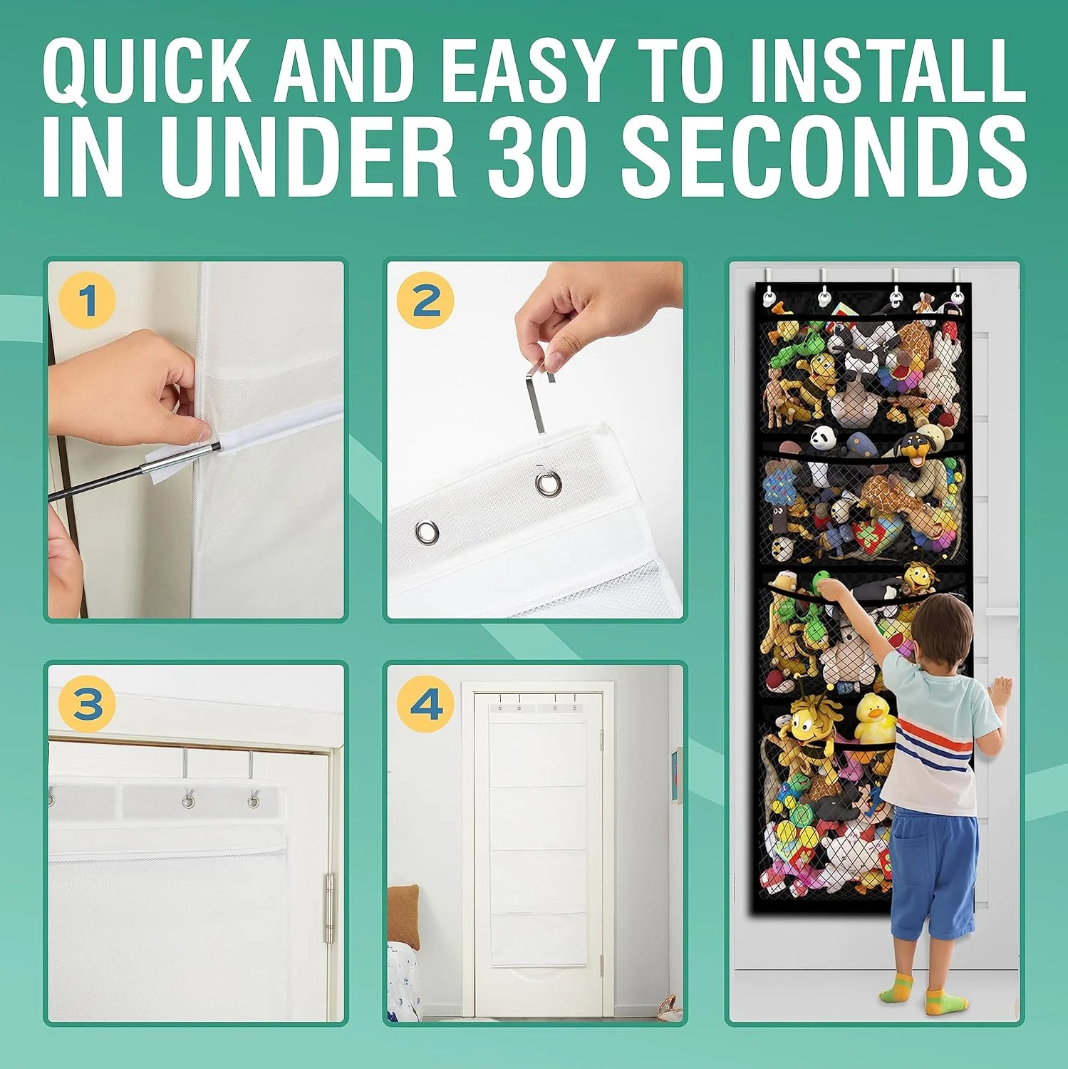 محفظه نگهداری وسایل پارچه‌ای (در انتظار ثبت اختراع)، آویز پشت دری برای وسایل نرم، لوازم جانبی کودک، نگهداری اسباب بازی، جیب‌های توری آویز با قابلیت تنفس، کیف بزرگ مناسب دختران و کودکان نوپا