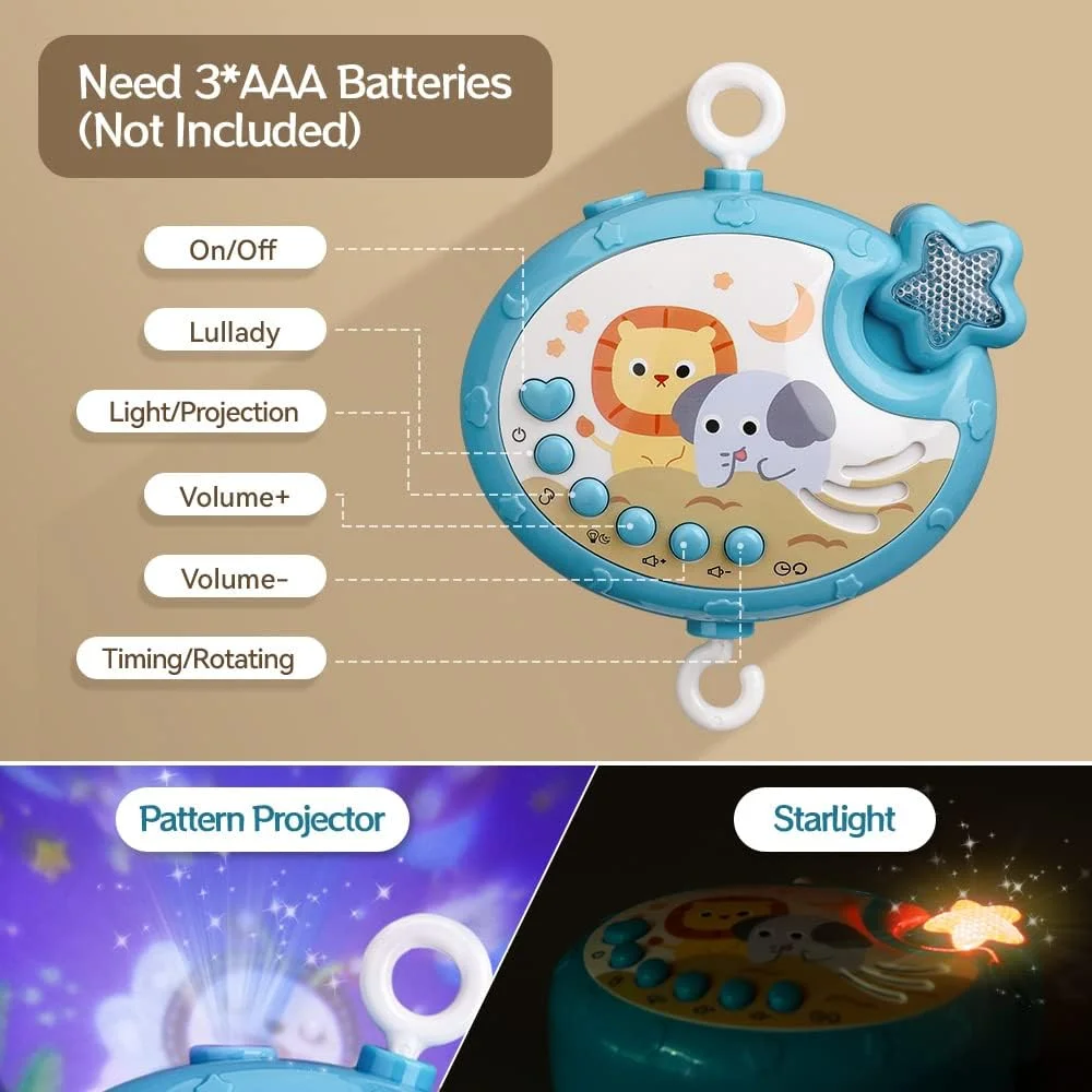 موبایل تخت نوزاد مینی تودو با پخش موسیقی، پروجکشن ستاره و عملکرد تایمر، جعبه موزیک با کنترل از راه دور، آویز چرخان حیوانات جغجغه ای برای کودکان، اسباب بازی برای نوزاد 0-24 ماهه