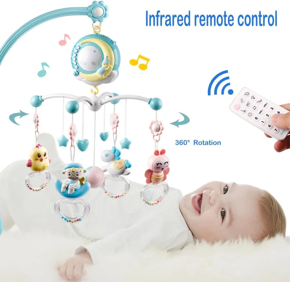 موبایل تخت نوزاد مینی تودو با قابلیت پخش موسیقی، پروژکتور و چراغ خواب، آویز چرخشی دندان گیر و جعبه موزیک با 150 ملودی و کنترل از راه دور، اسباب بازی برای نوزادان 0-24 ماهه