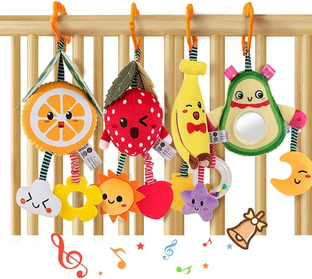 اسباب بازی جغجغه ای آویز میوه ای توماما، بسته 4 عددی شامل آووکادو، موز، پرتقال و توت فرنگی، اسباب بازی کالسکه و تخت نوزاد، جغجغه پولیشی نرم با دندانگیر مناسب برای پسران و دختران 3، 6، 9 و 12 ماهه، هدیه تولد