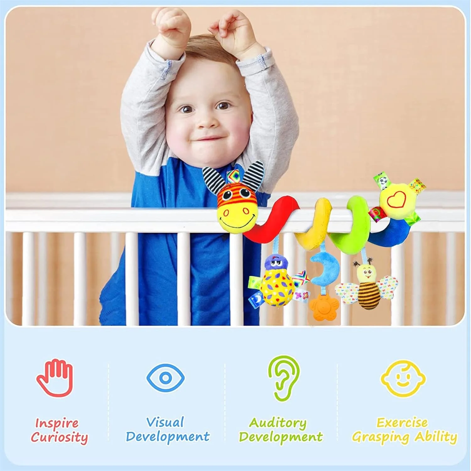 اسباب بازی های آویز مارپیچی تخت نوزاد، اسباب بازی های نرم پولیشی آویز کردنی برای کالسکه و تخت کودک، اسباب بازی های حسی آموزشی اولیه، اسباب بازی های مارپیچی فعالیت برای صندلی ماشین، کالسکه و تخت نوزاد برای نوزادان پسر و دختر