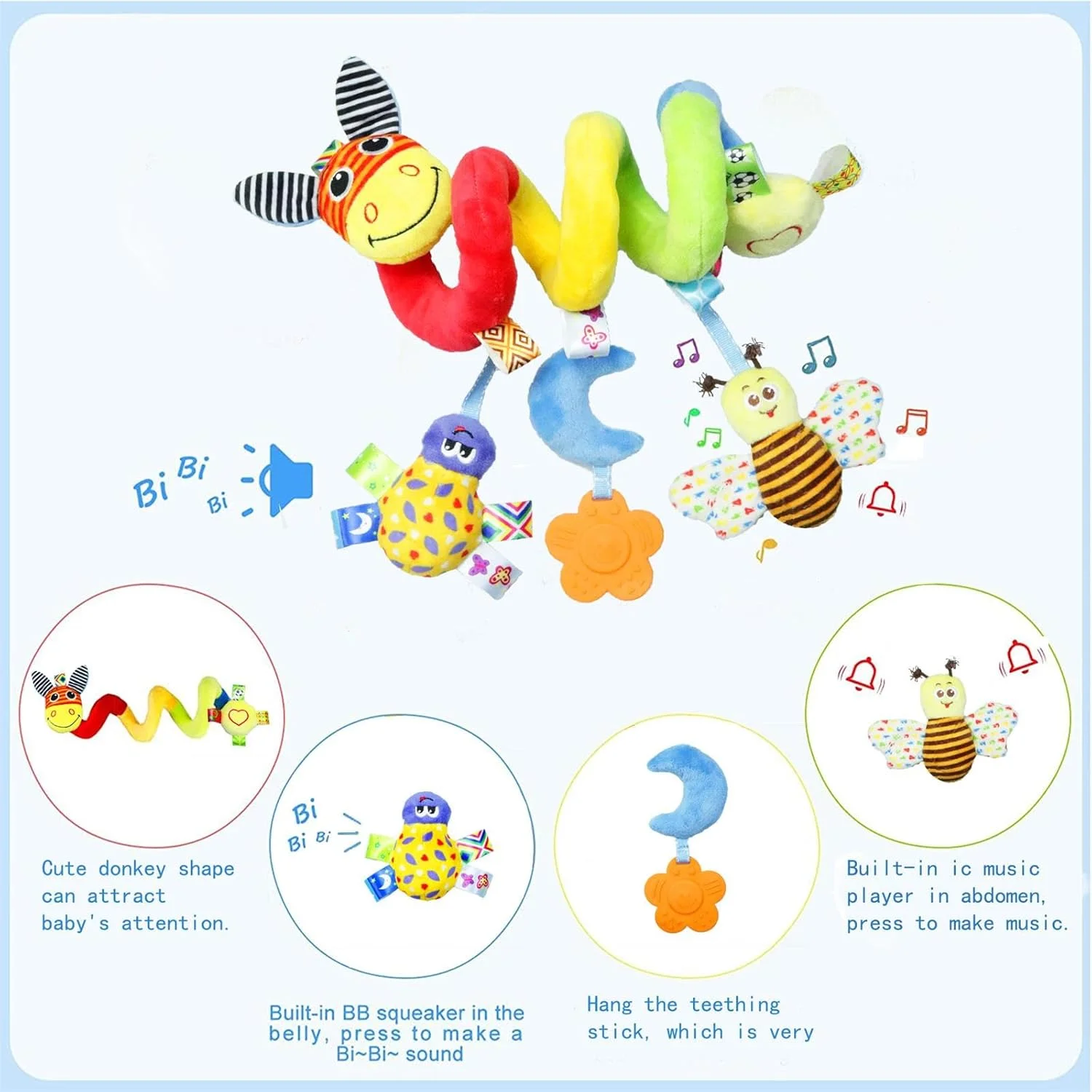 اسباب بازی های آویز مارپیچی تخت نوزاد، اسباب بازی های نرم پولیشی آویز کردنی برای کالسکه و تخت کودک، اسباب بازی های حسی آموزشی اولیه، اسباب بازی های مارپیچی فعالیت برای صندلی ماشین، کالسکه و تخت نوزاد برای نوزادان پسر و دختر