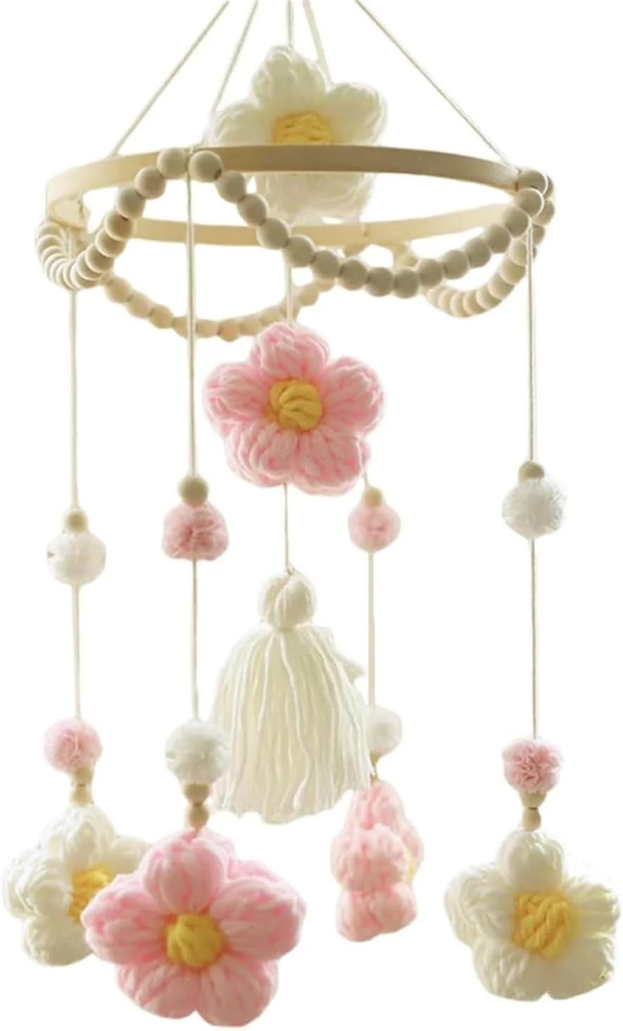 آویز تخت سه بعدی، آویز تخت آویز اتاق کودک با منگوله گل، موبایل آویز چوبی دخترانه، میز تعویض موبایل، هدیه نوزاد (صورتی، 1 عدد)